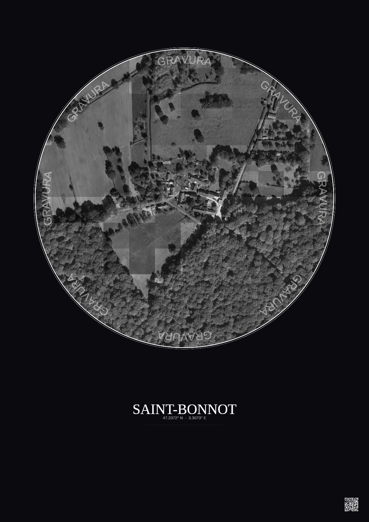 Affiche personnalisée Saint-Bonnot — Satellite 0.3 km · N&B · Fond foncé | Gravura