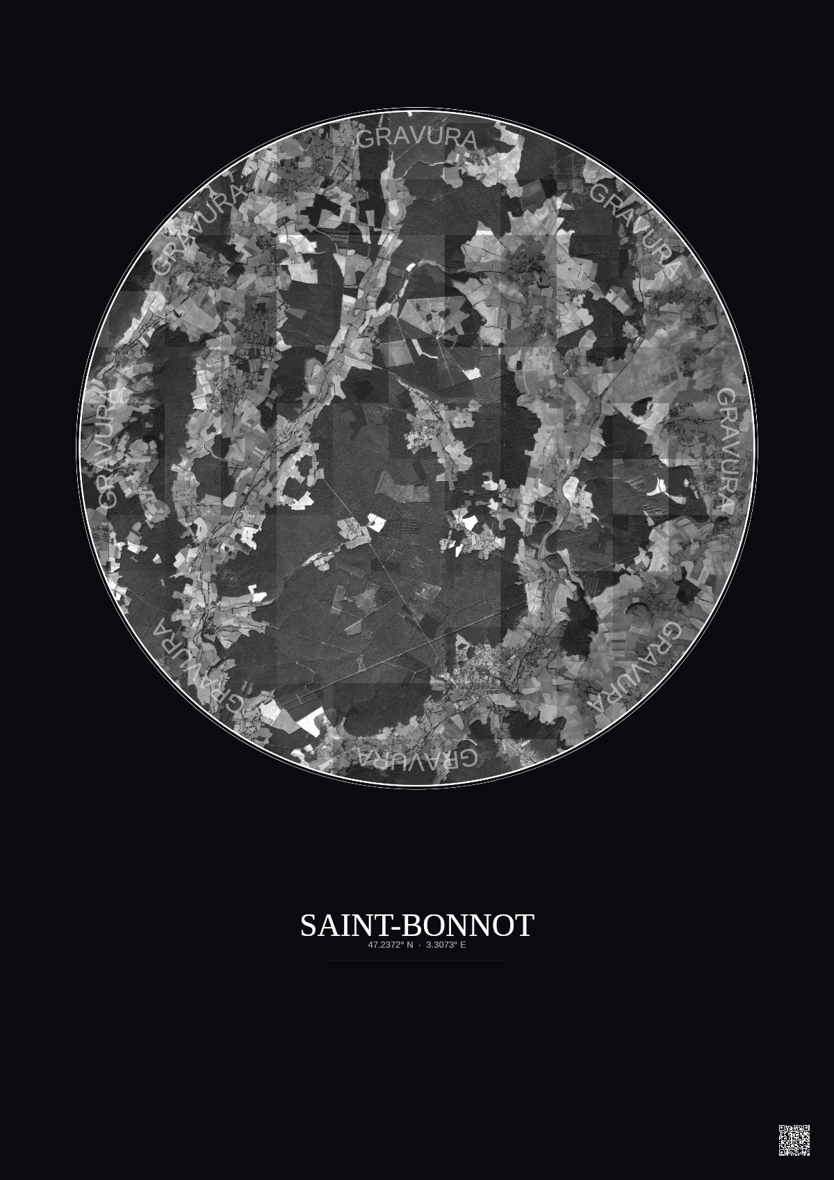 Affiche personnalisée Saint-Bonnot — Satellite 10 km · N&B · Fond foncé | Gravura