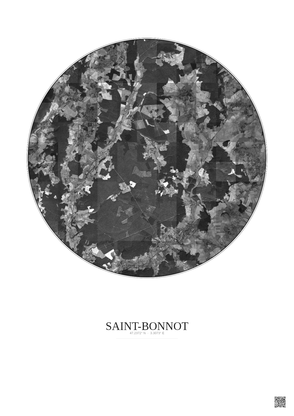 Affiche personnalisée Saint-Bonnot — Satellite 10 km · N&B · Fond clair | Gravura