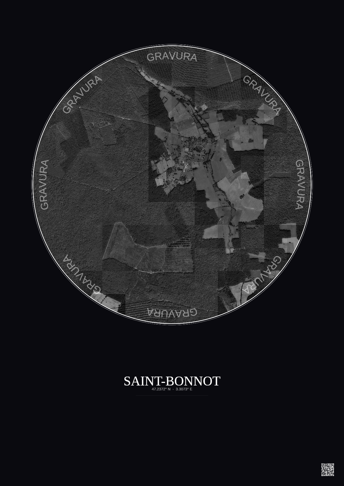 Affiche personnalisée Saint-Bonnot — Satellite 2.5 km · N&B · Fond foncé | Gravura