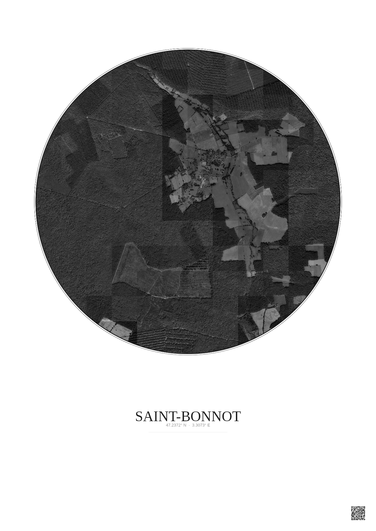 Affiche personnalisée Saint-Bonnot — Satellite 2.5 km · N&B · Fond clair | Gravura