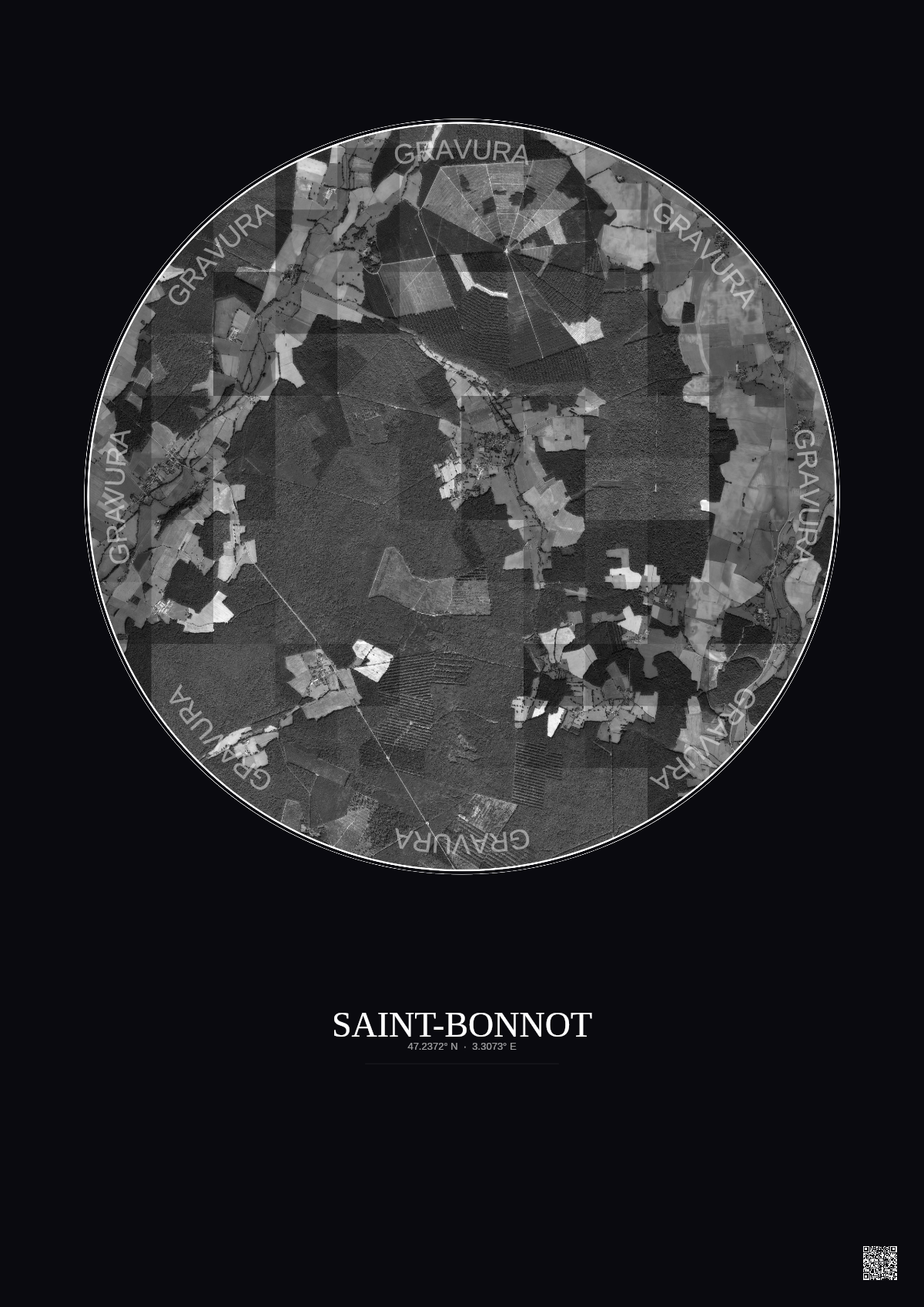 Affiche personnalisée Saint-Bonnot — Satellite 5 km · N&B · Fond foncé | Gravura