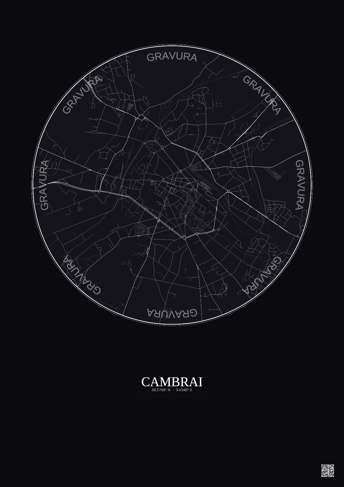 Affiche Cambrai – Poster carte de ville 2.5km | Gravura – Fond foncé