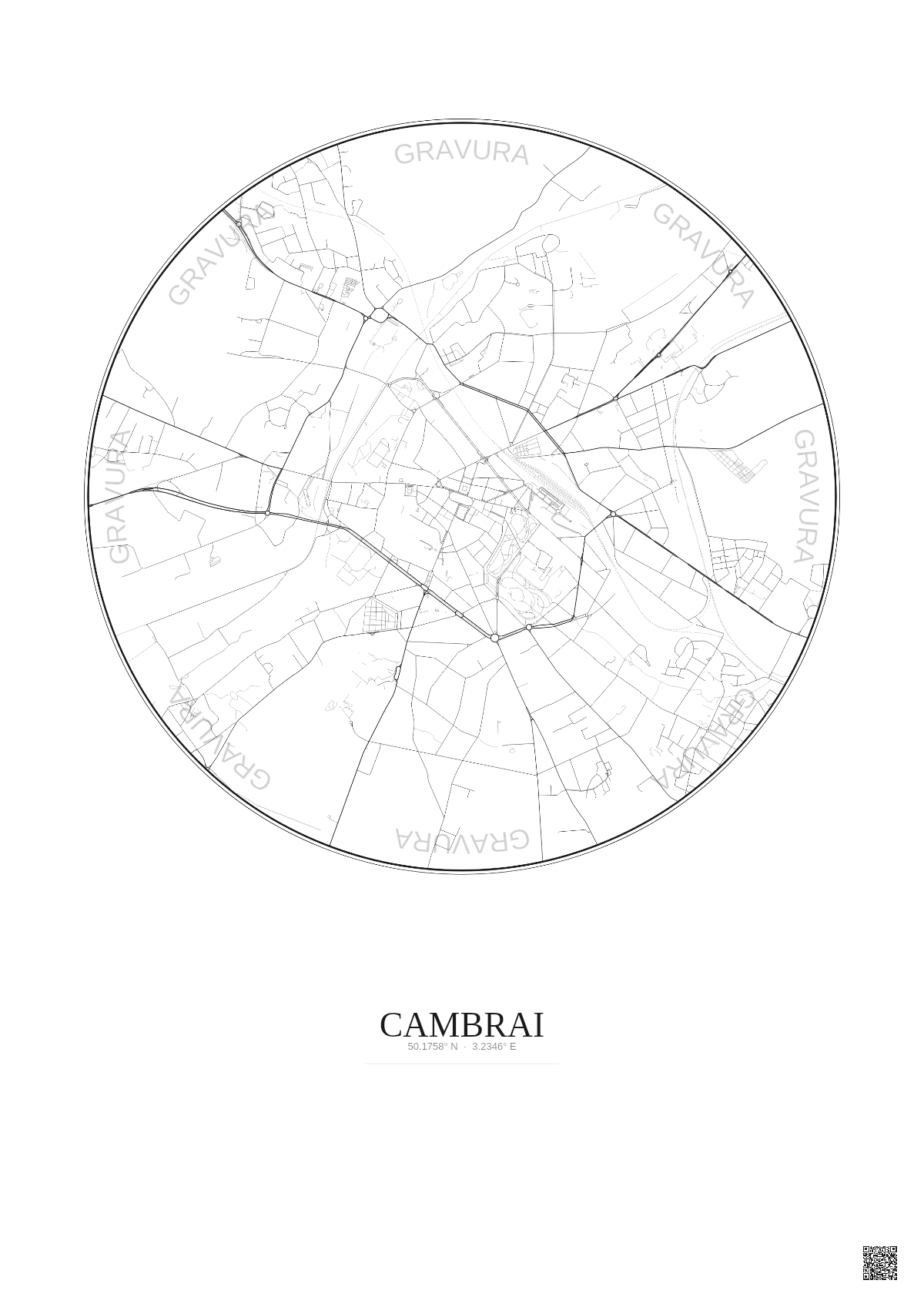 Affiche Cambrai – Poster carte de ville 2.5km | Gravura – Fond clair