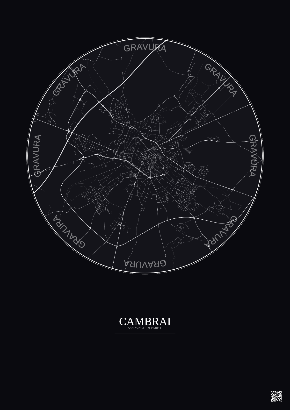 Affiche Cambrai – Poster carte de ville 5km | Gravura – Fond foncé