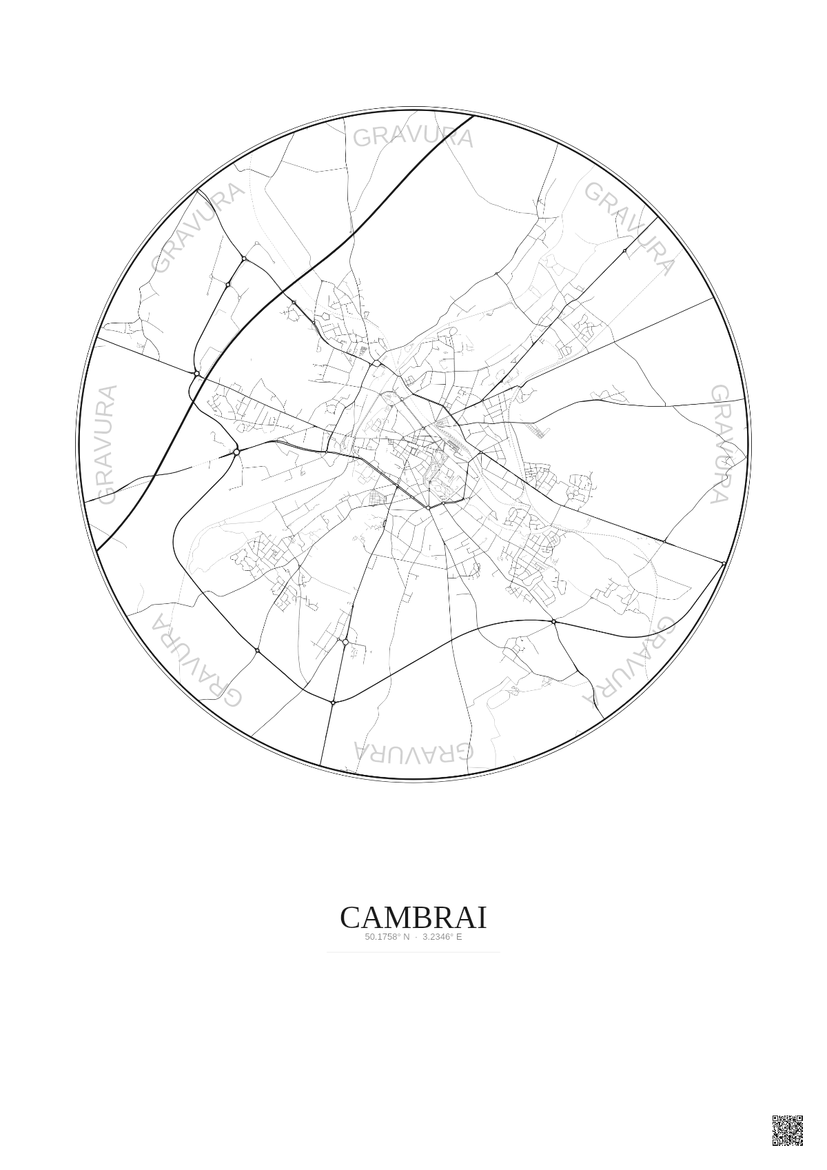 Affiche Cambrai – Poster carte de ville 5km | Gravura – Fond clair