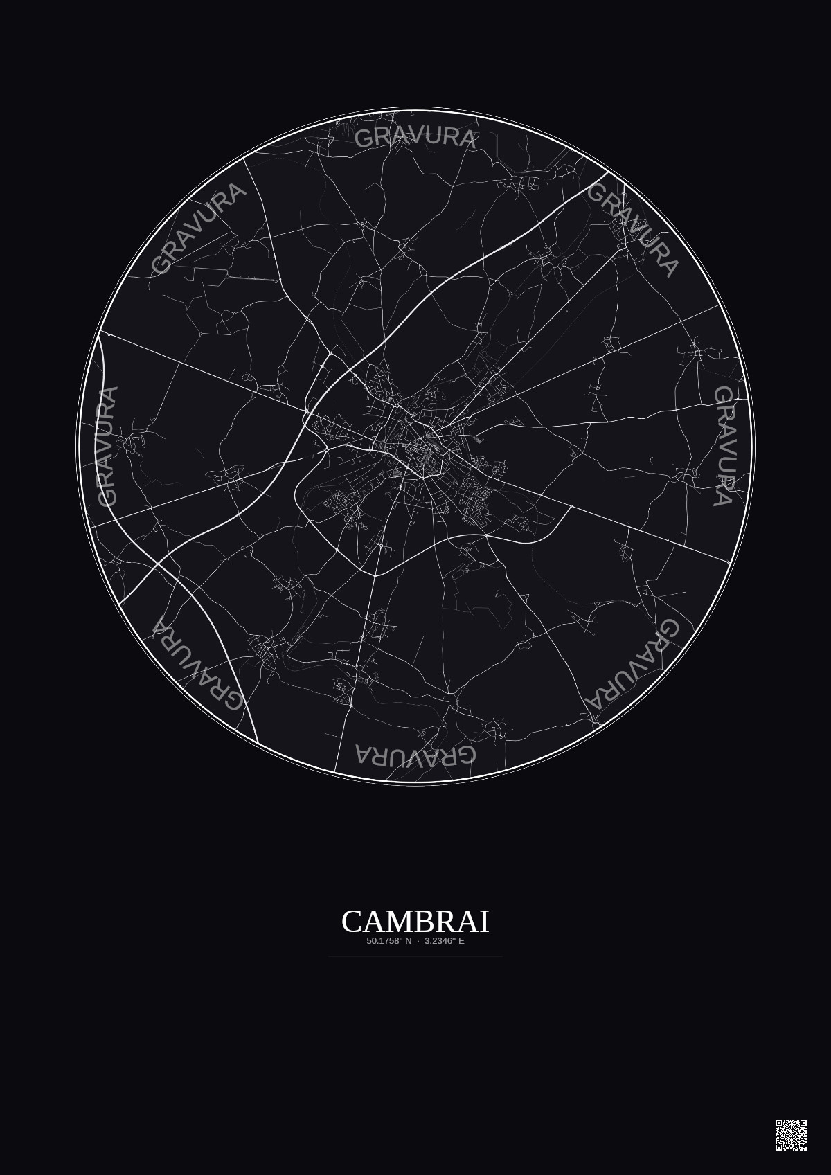 Affiche Cambrai – Poster carte de ville 10km | Gravura – Fond foncé