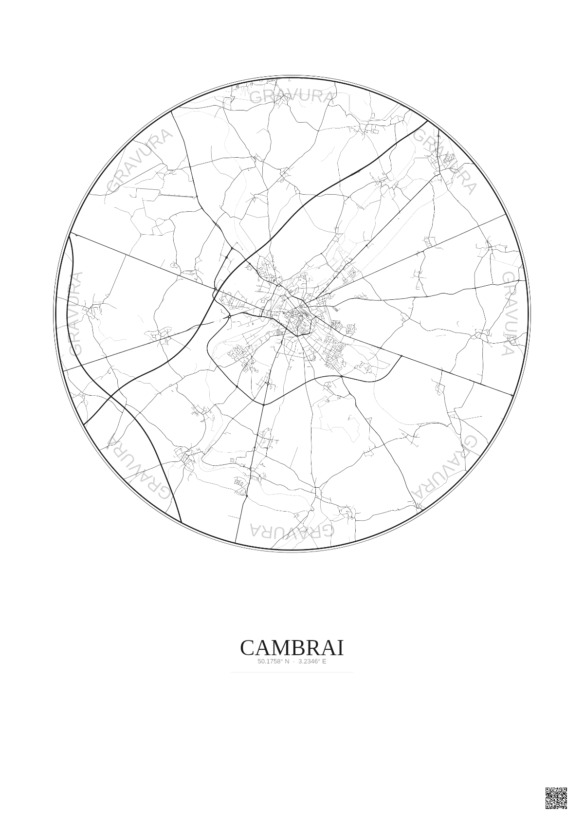 Affiche Cambrai – Poster carte de ville 10km | Gravura – Fond clair
