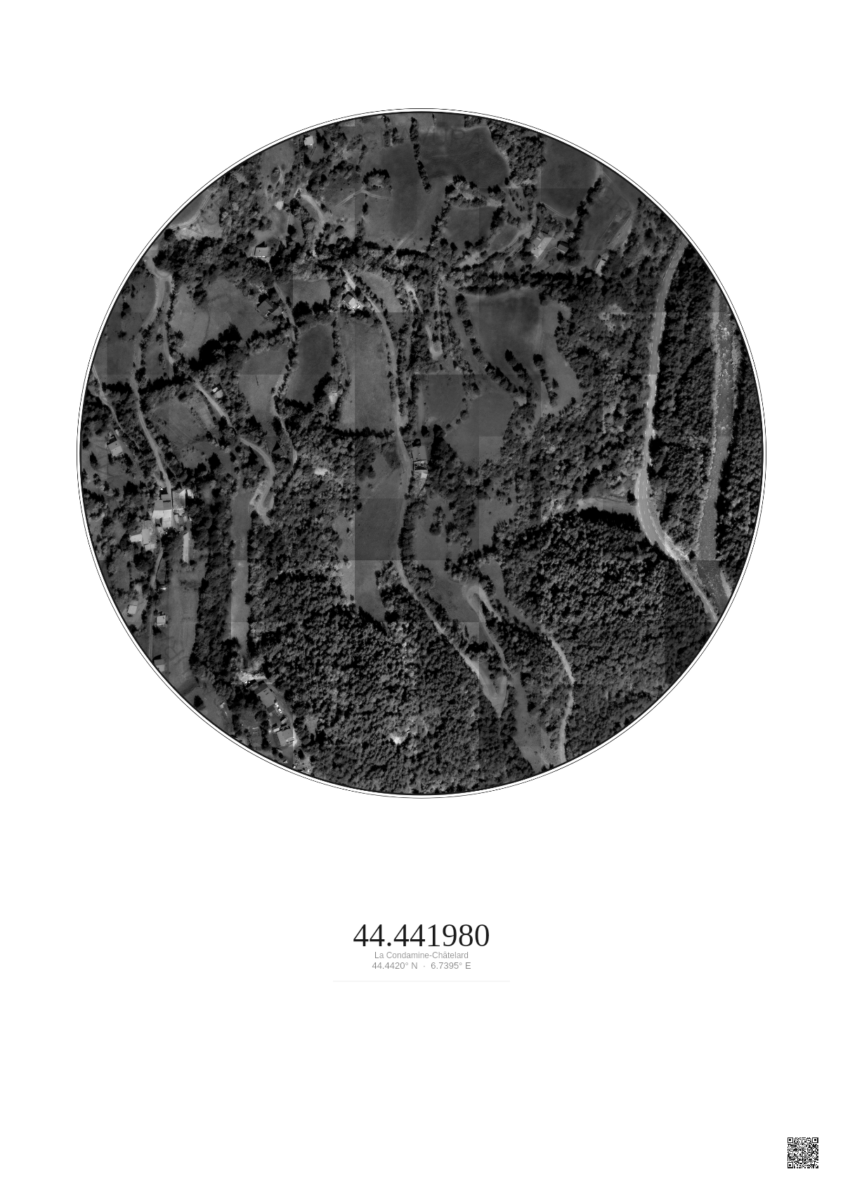 Affiche personnalisée La Condamine-Châtelard — Satellite 0.3 km · N&B · Fond clair | Gravura