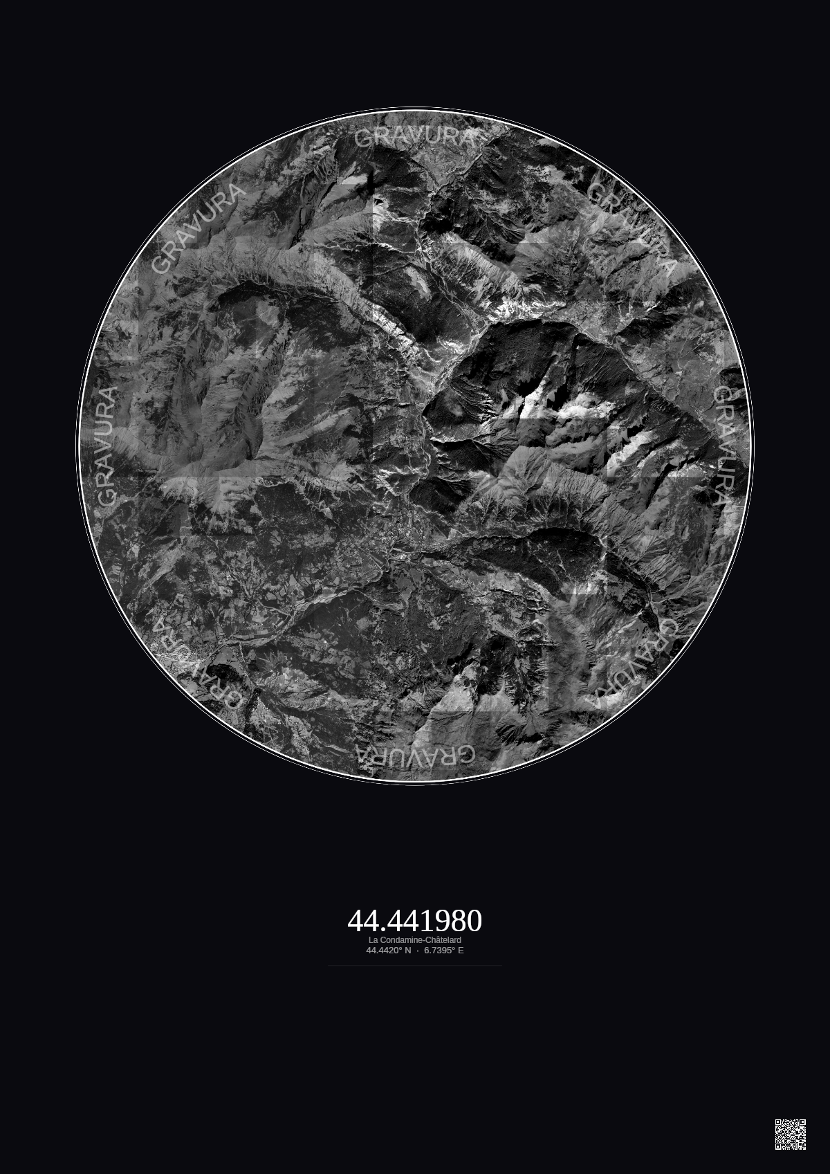 Affiche personnalisée La Condamine-Châtelard — Satellite 10 km · N&B · Fond foncé | Gravura