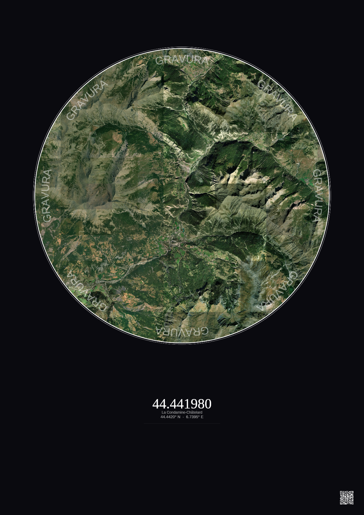 Affiche personnalisée La Condamine-Châtelard — Satellite 10 km · Couleur · Fond foncé | Gravura