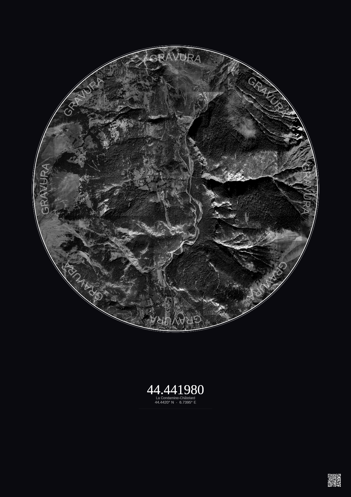 Affiche personnalisée La Condamine-Châtelard — Satellite 2.5 km · N&B · Fond foncé | Gravura