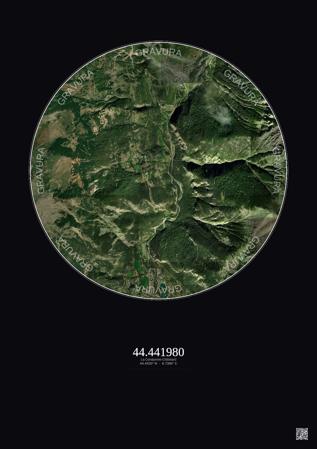 Affiche personnalisée La Condamine-Châtelard — Satellite 2.5 km · Couleur · Fond foncé | Gravura