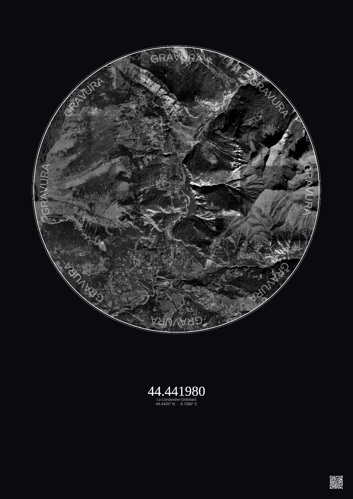 Affiche personnalisée La Condamine-Châtelard — Satellite 5 km · N&B · Fond foncé | Gravura
