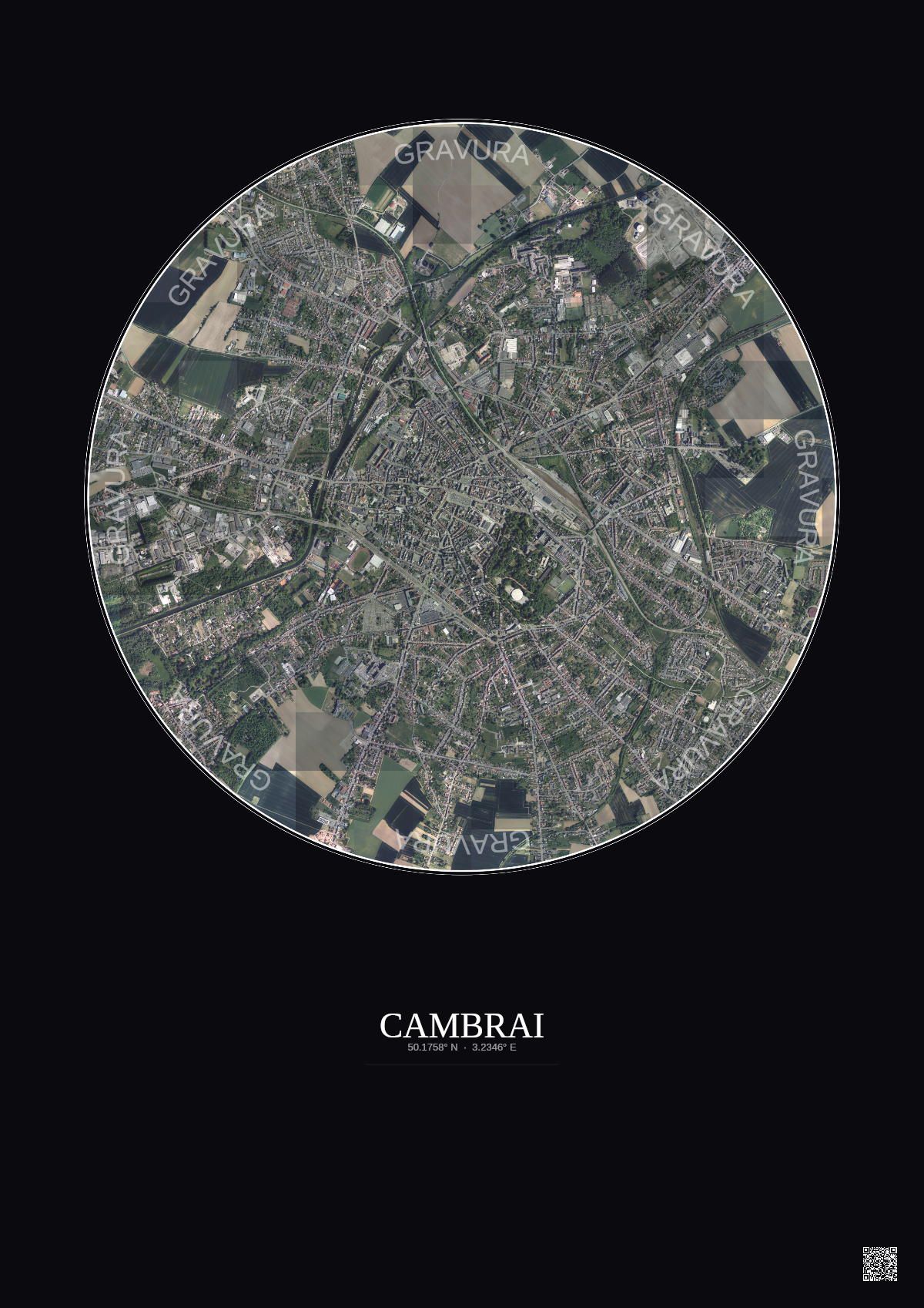 Affiche Cambrai – Poster vue satellite 2.5km Couleur | Gravura – Fond foncé