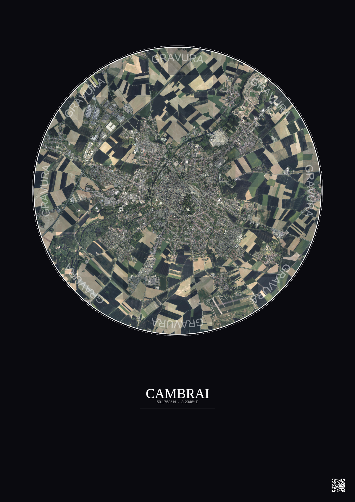 Affiche Cambrai – Poster vue satellite 5km Couleur | Gravura – Fond foncé