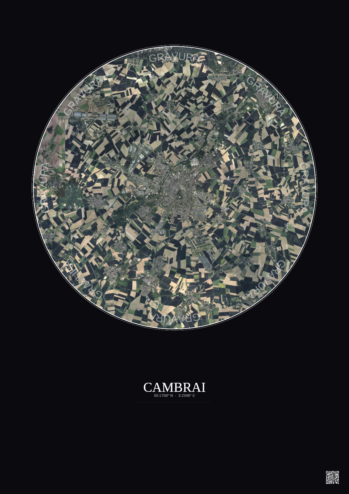 Affiche Cambrai – Poster vue satellite 10km Couleur | Gravura – Fond foncé