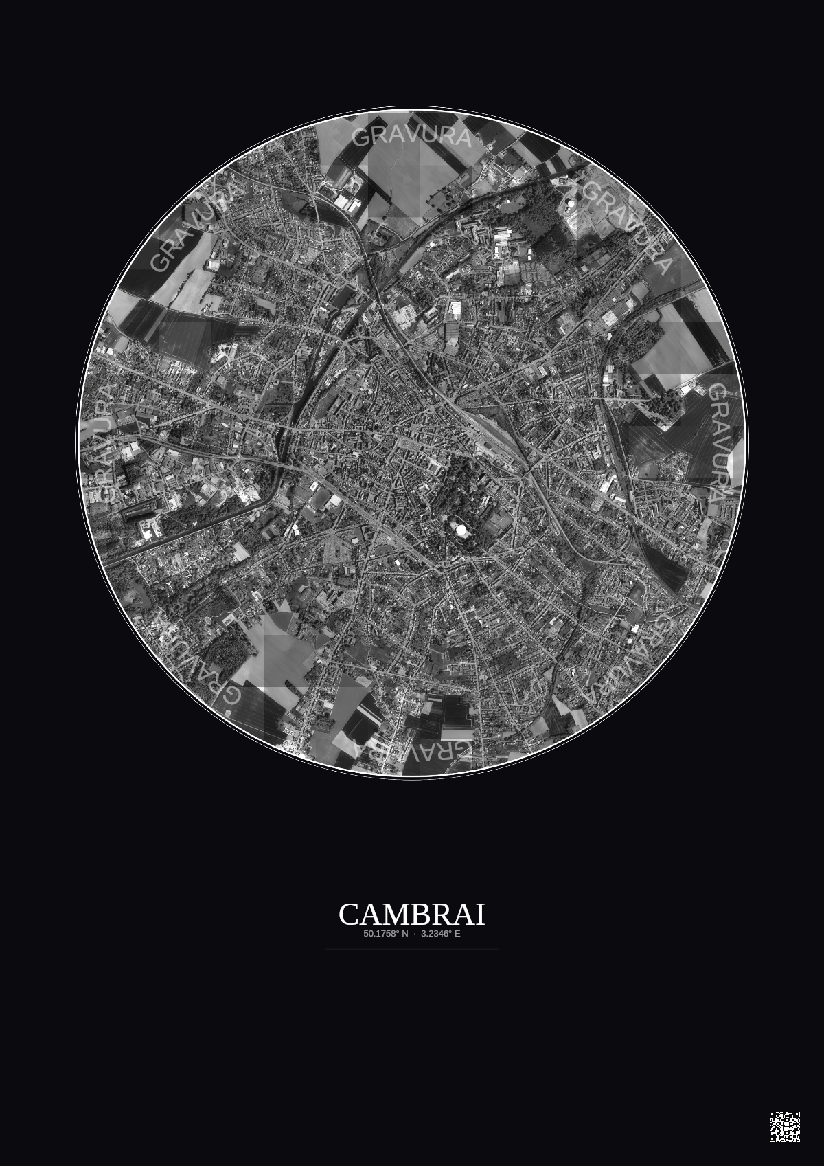 Affiche Cambrai – Poster vue satellite 2.5km N&B | Gravura – Fond foncé
