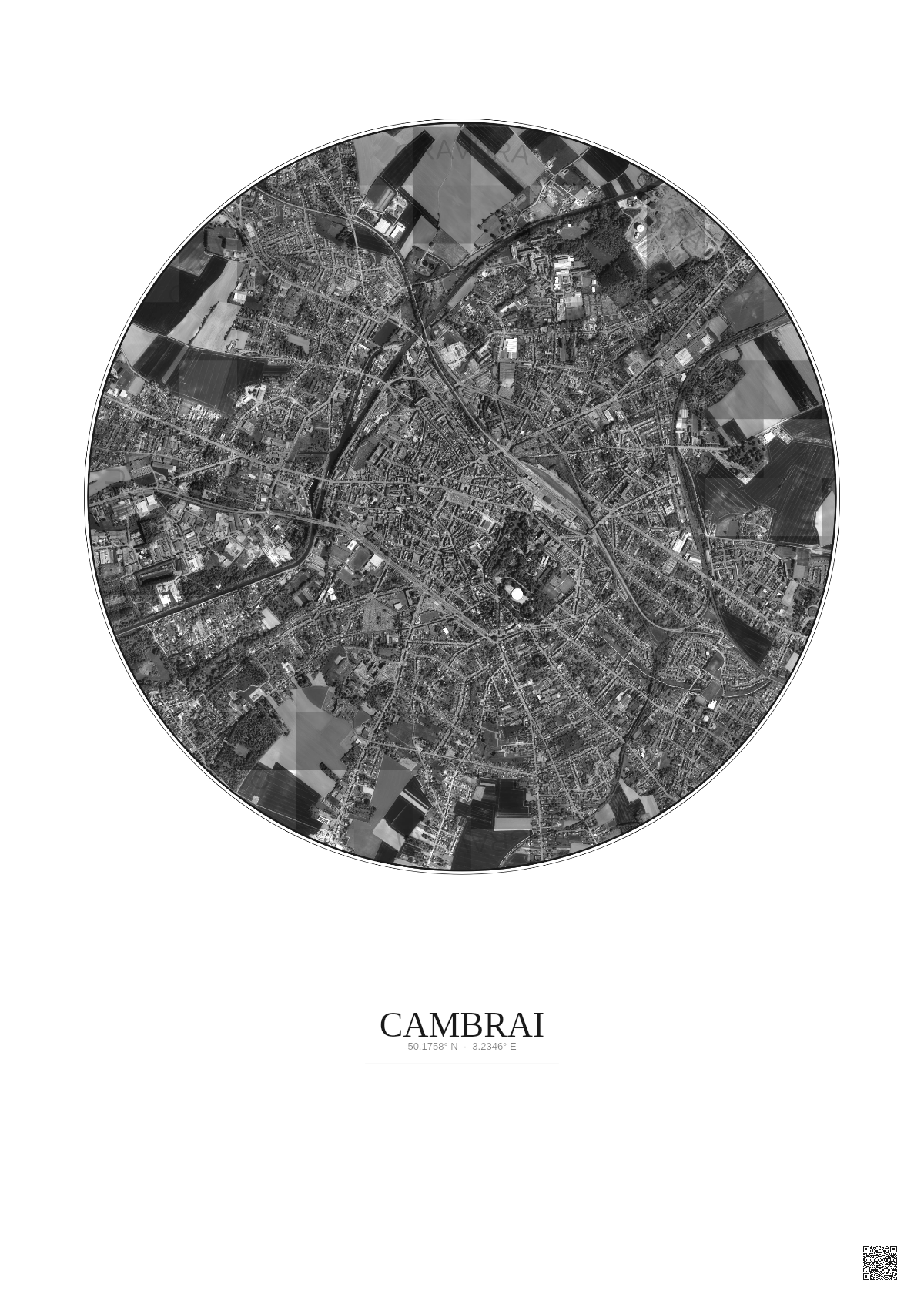 Affiche Cambrai – Poster vue satellite 2.5km N&B | Gravura – Fond clair
