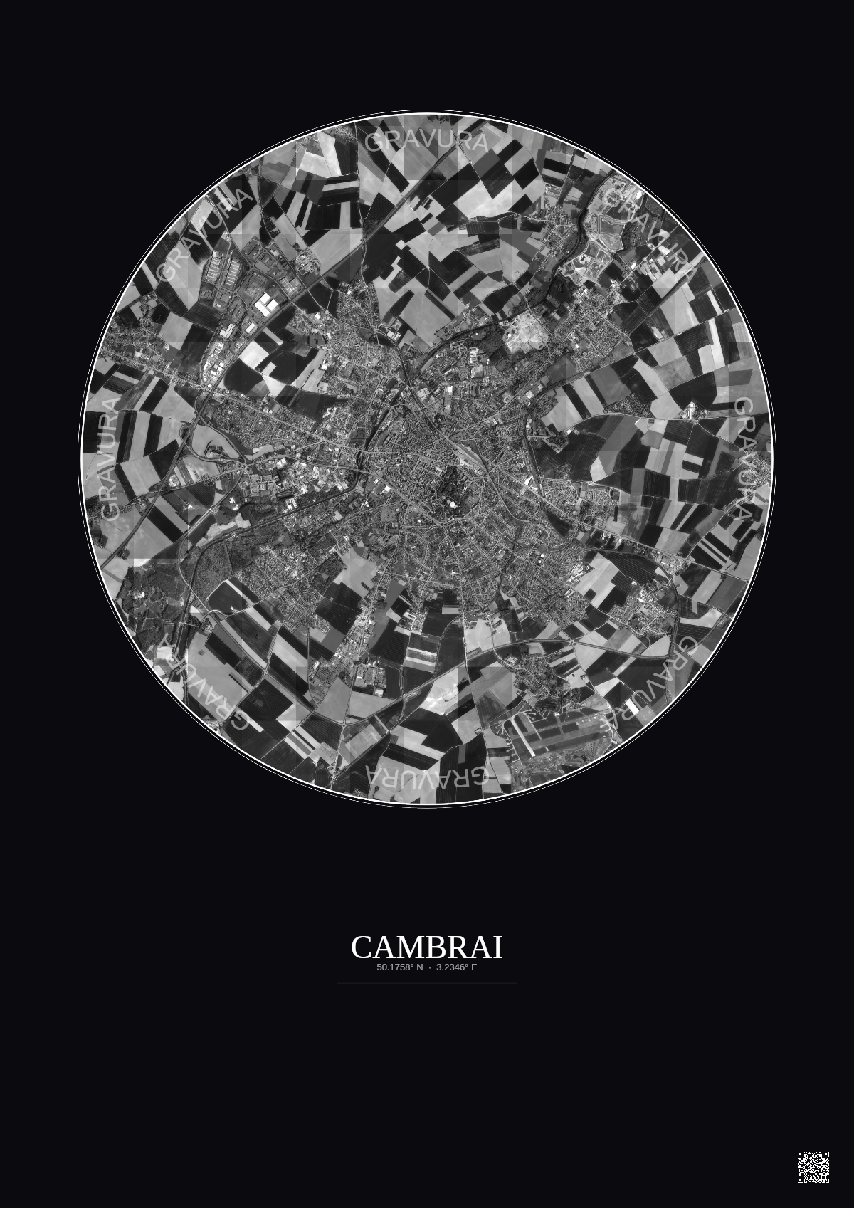 Affiche Cambrai – Poster vue satellite 5km N&B | Gravura – Fond foncé