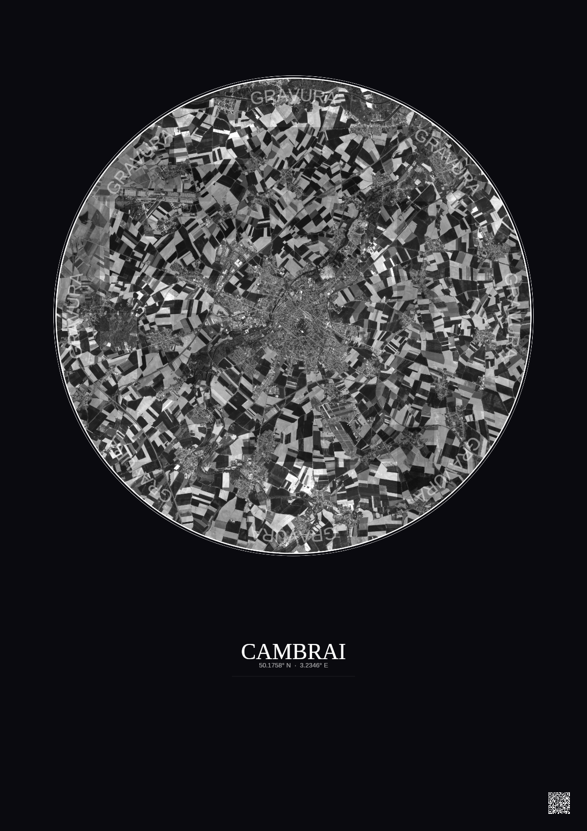 Affiche Cambrai – Poster vue satellite 10km N&B | Gravura – Fond foncé