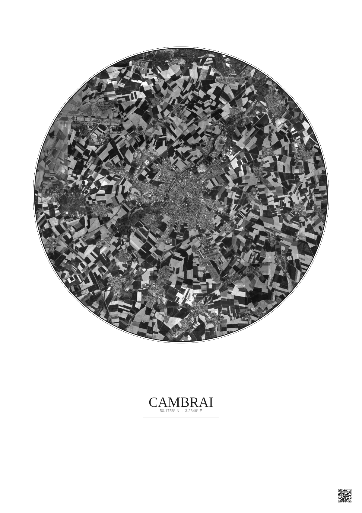 Affiche Cambrai – Poster vue satellite 10km N&B | Gravura – Fond clair