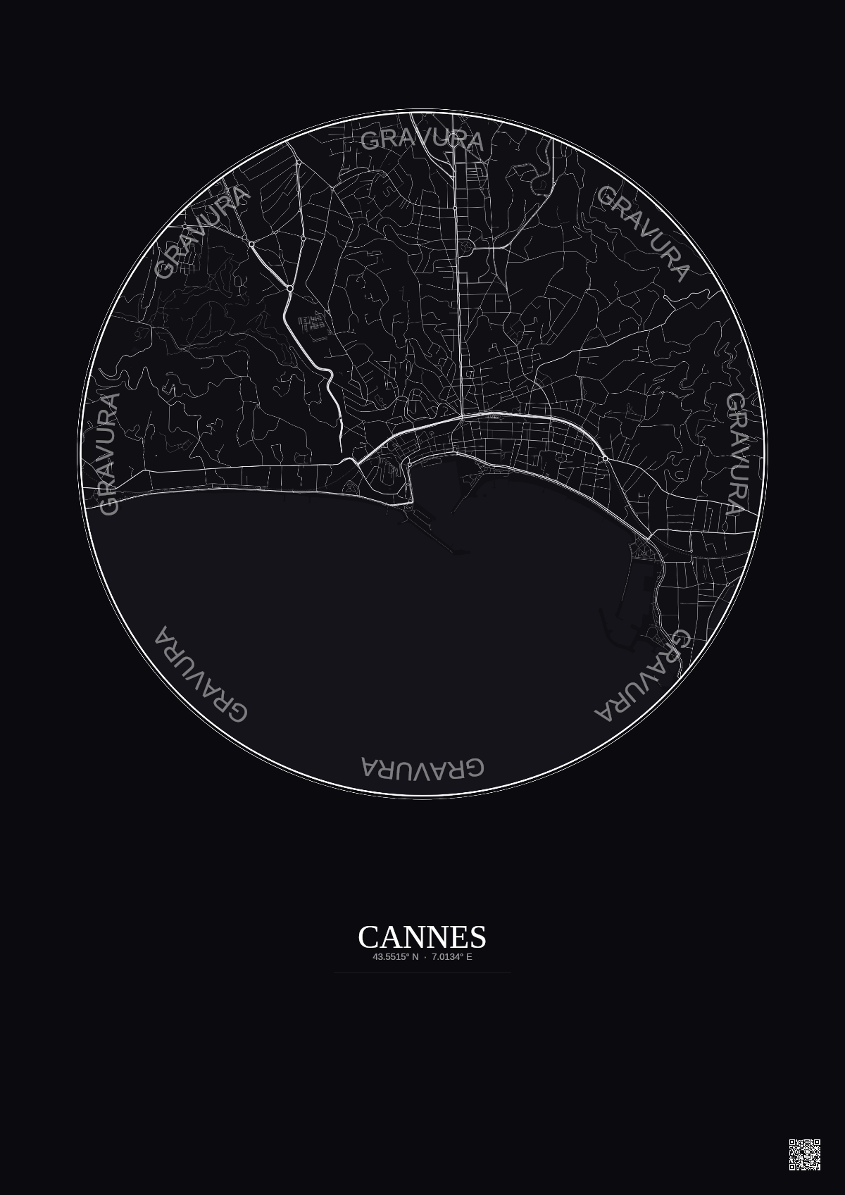 Affiche Cannes – Poster carte de ville 2.5km | Gravura – Fond foncé