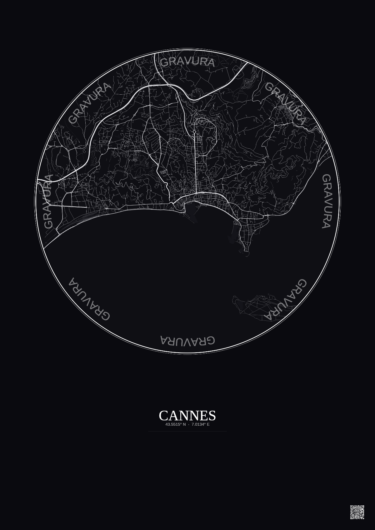 Affiche Cannes – Poster carte de ville 5km | Gravura – Fond foncé