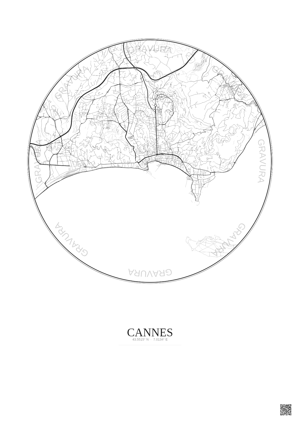 Affiche Cannes – Poster carte de ville 5km | Gravura – Fond clair