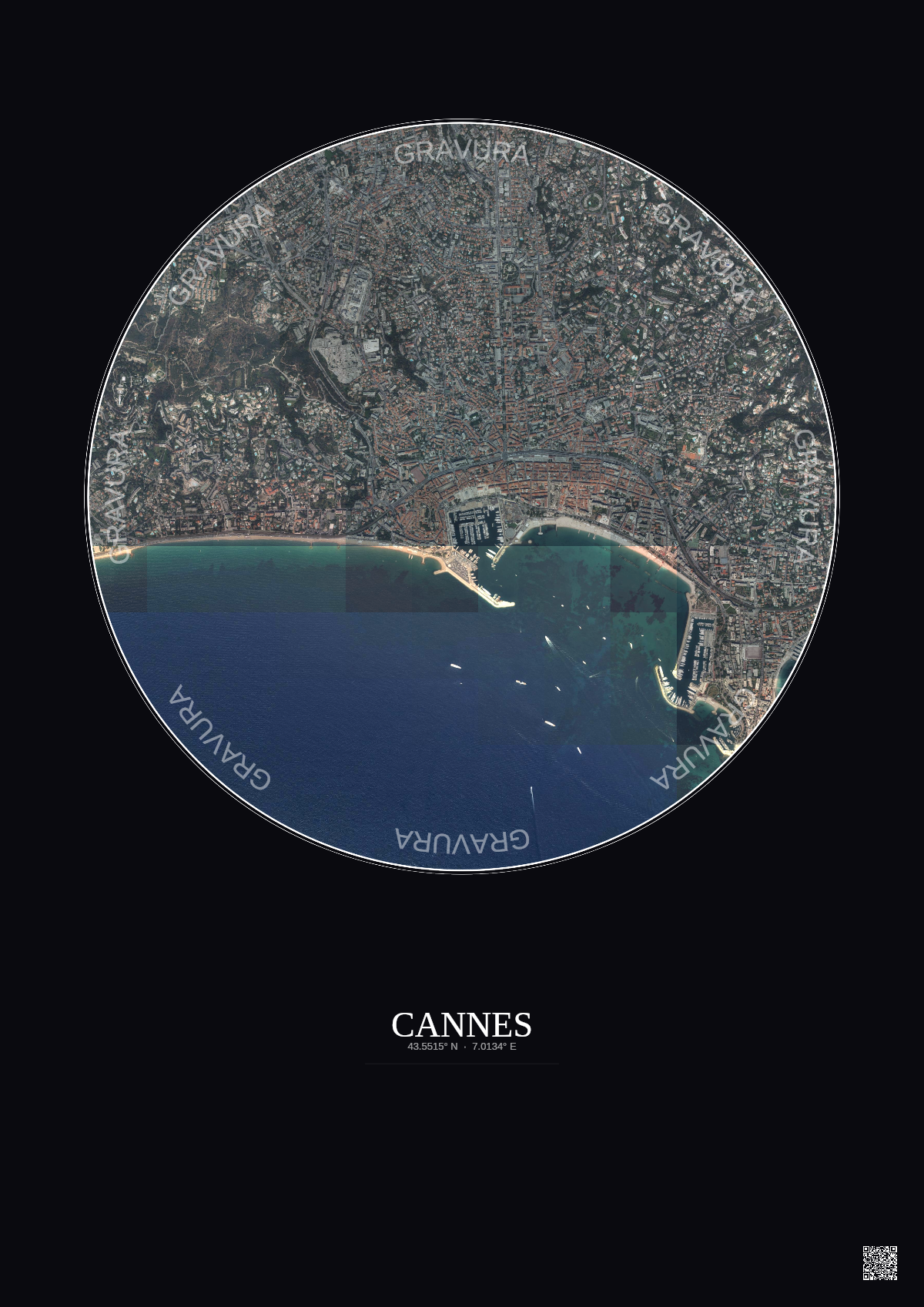 Affiche Cannes – Poster vue satellite 2.5km Couleur | Gravura – Fond foncé