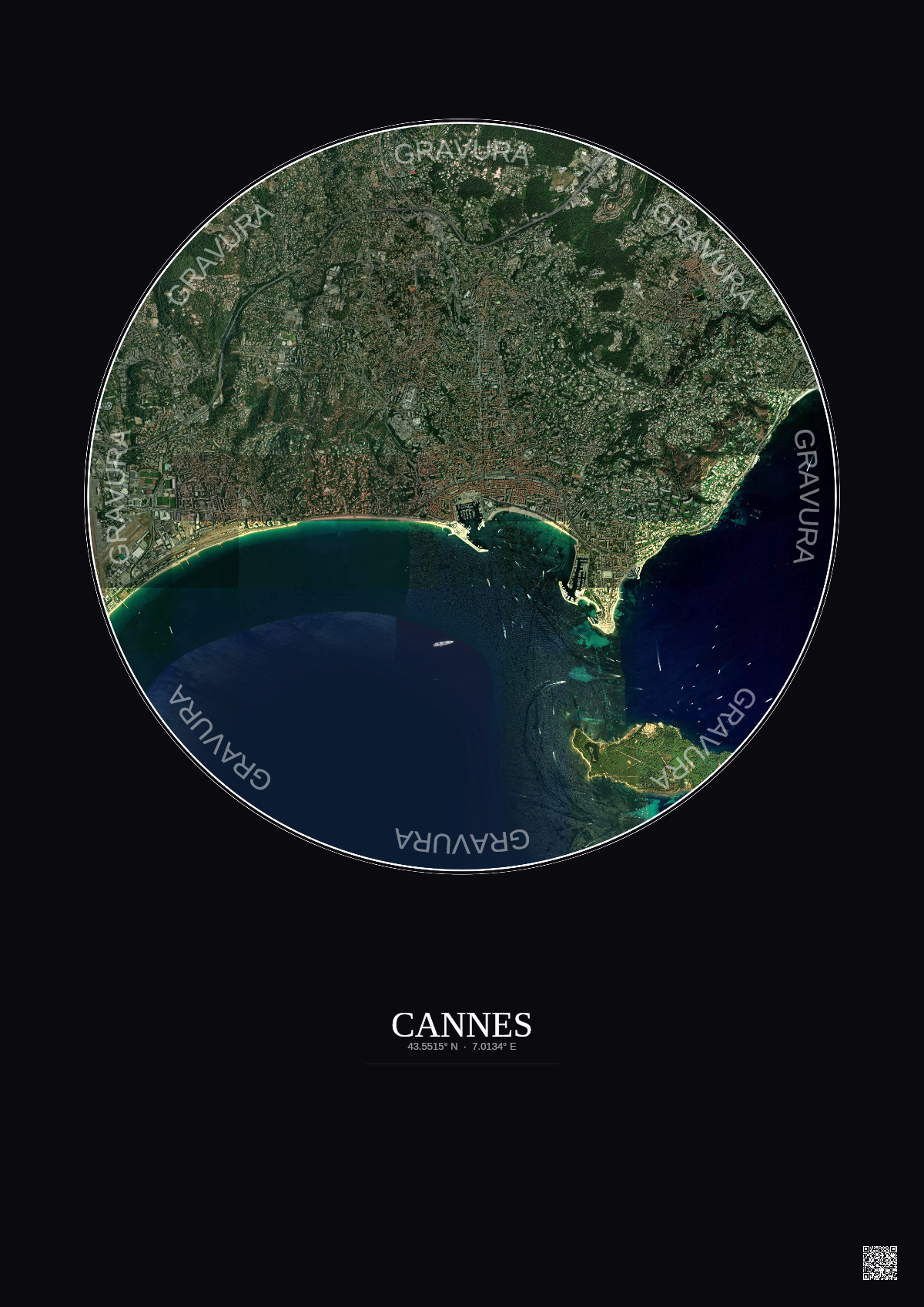 Affiche Cannes – Poster vue satellite 5km Couleur | Gravura – Fond foncé