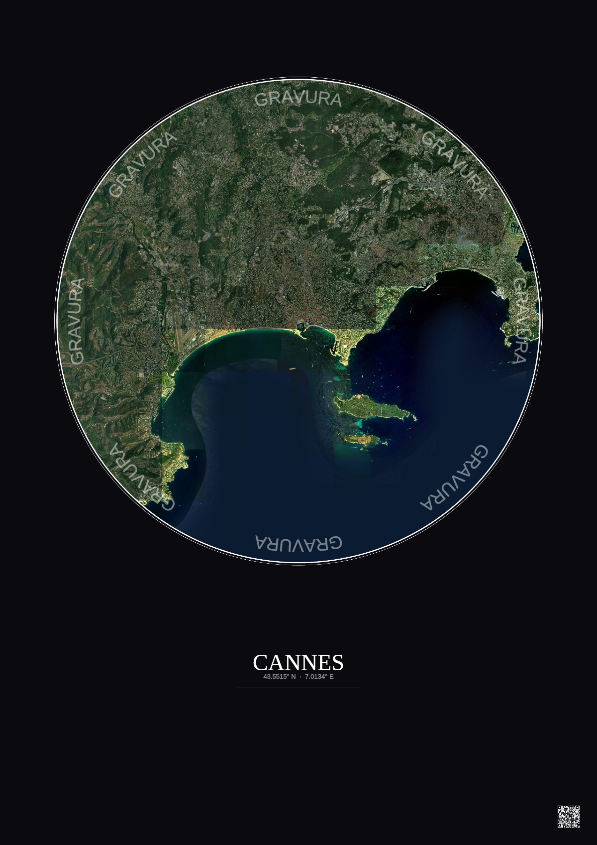 Affiche Cannes – Poster vue satellite 10km Couleur | Gravura – Fond foncé