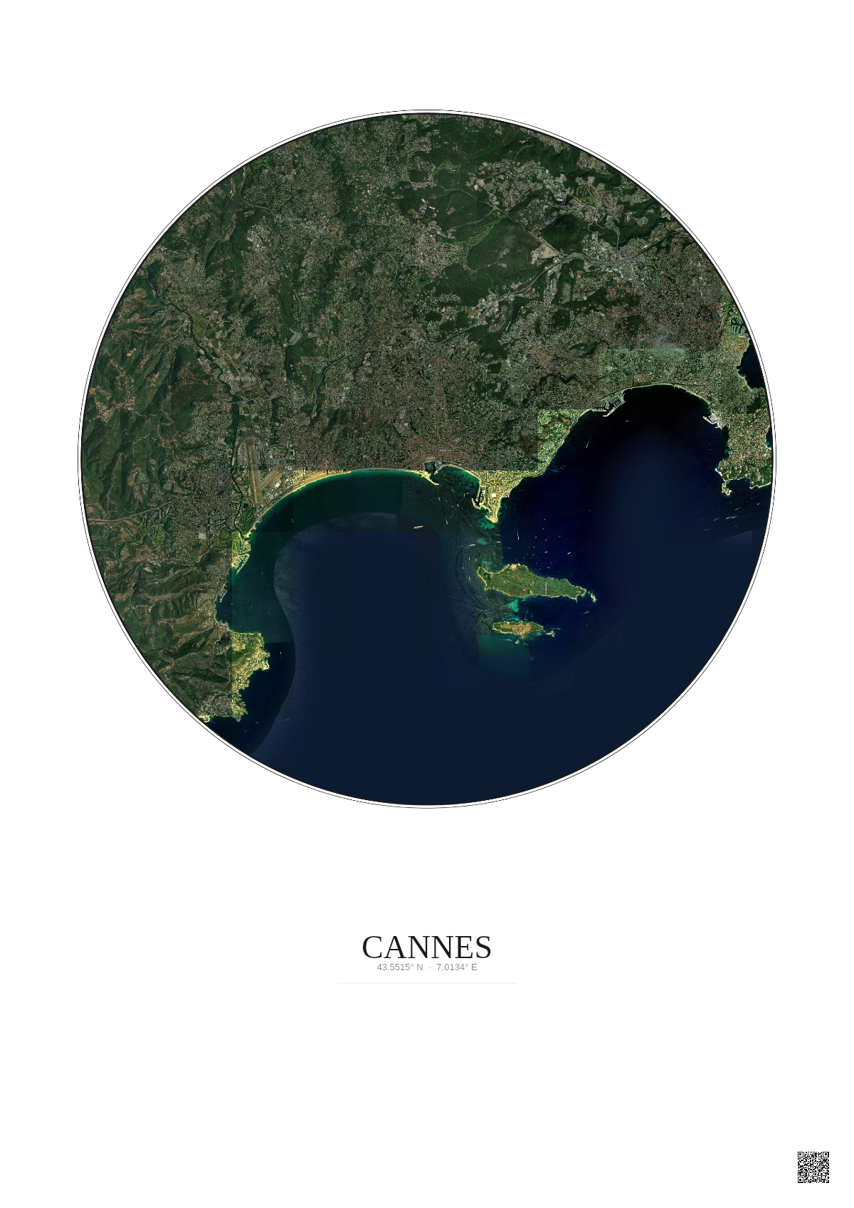 Affiche Cannes – Poster vue satellite 10km Couleur | Gravura – Fond clair