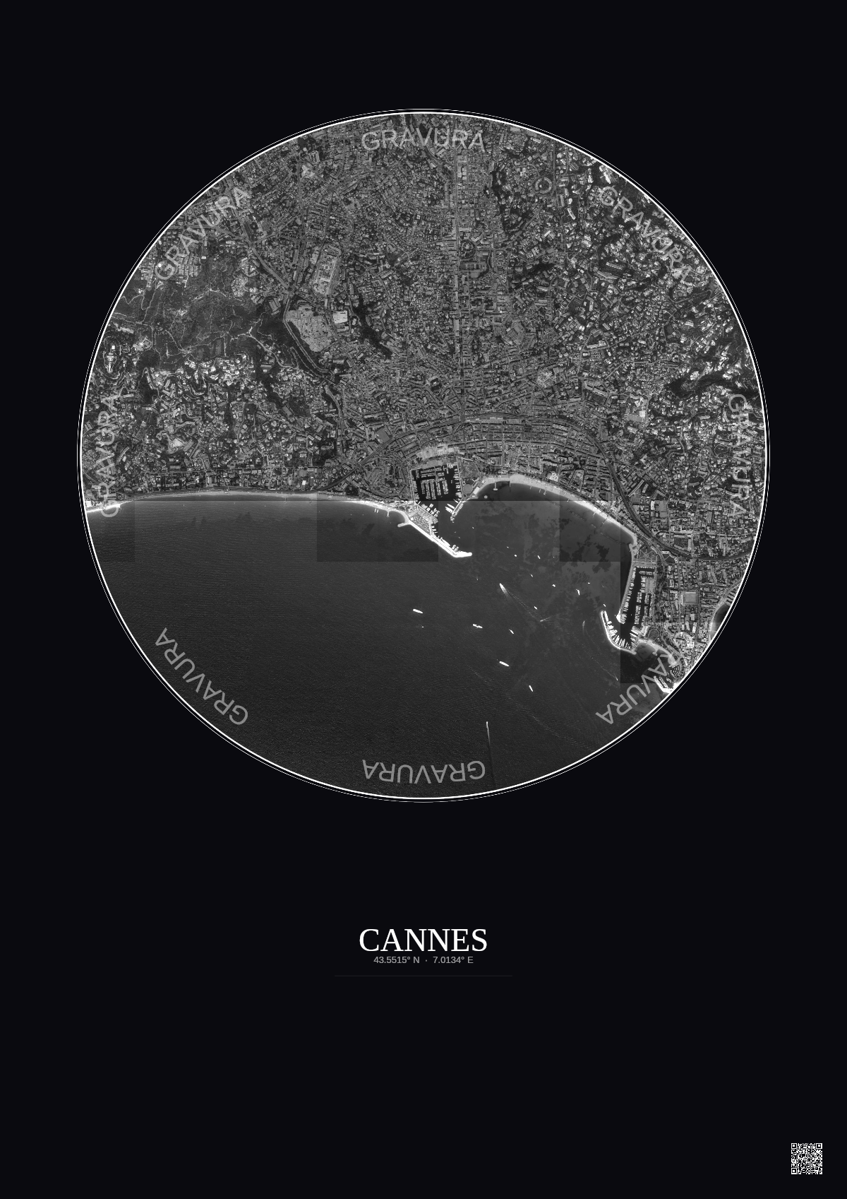 Affiche Cannes – Poster vue satellite 2.5km N&B | Gravura – Fond foncé