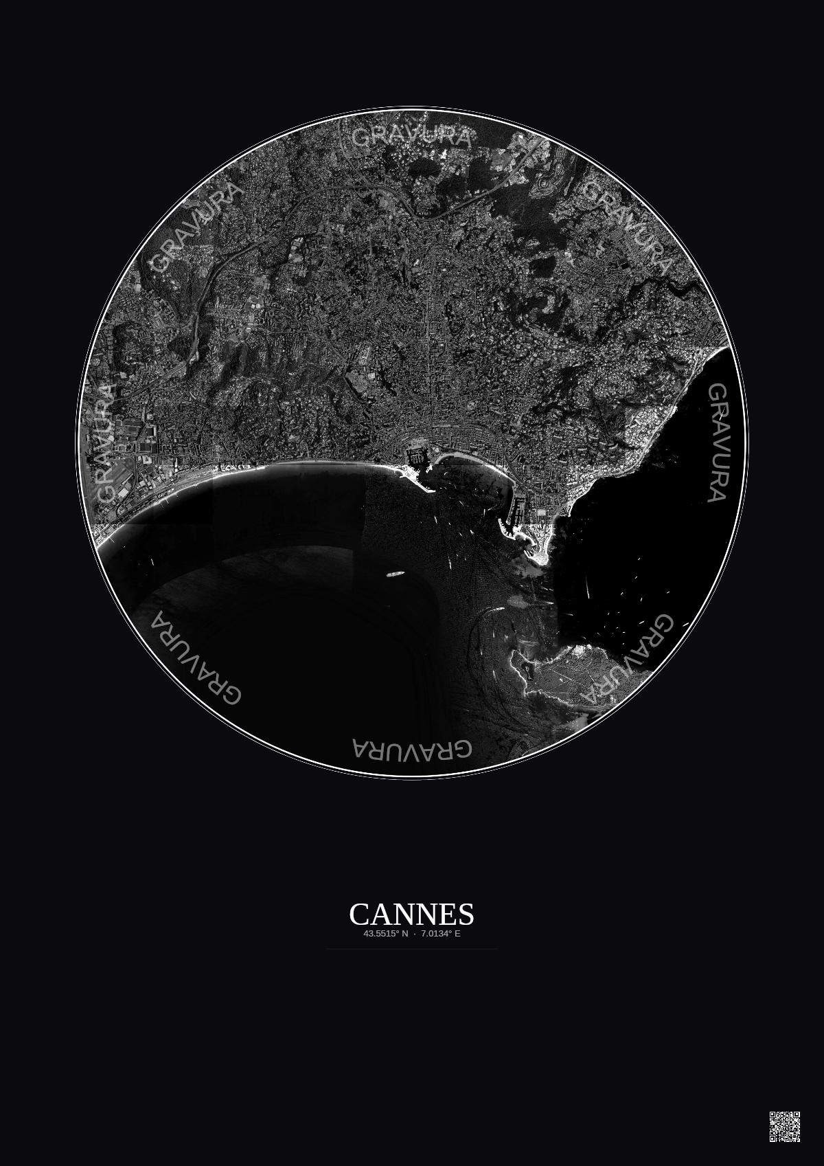 Affiche Cannes – Poster vue satellite 5km N&B | Gravura – Fond foncé
