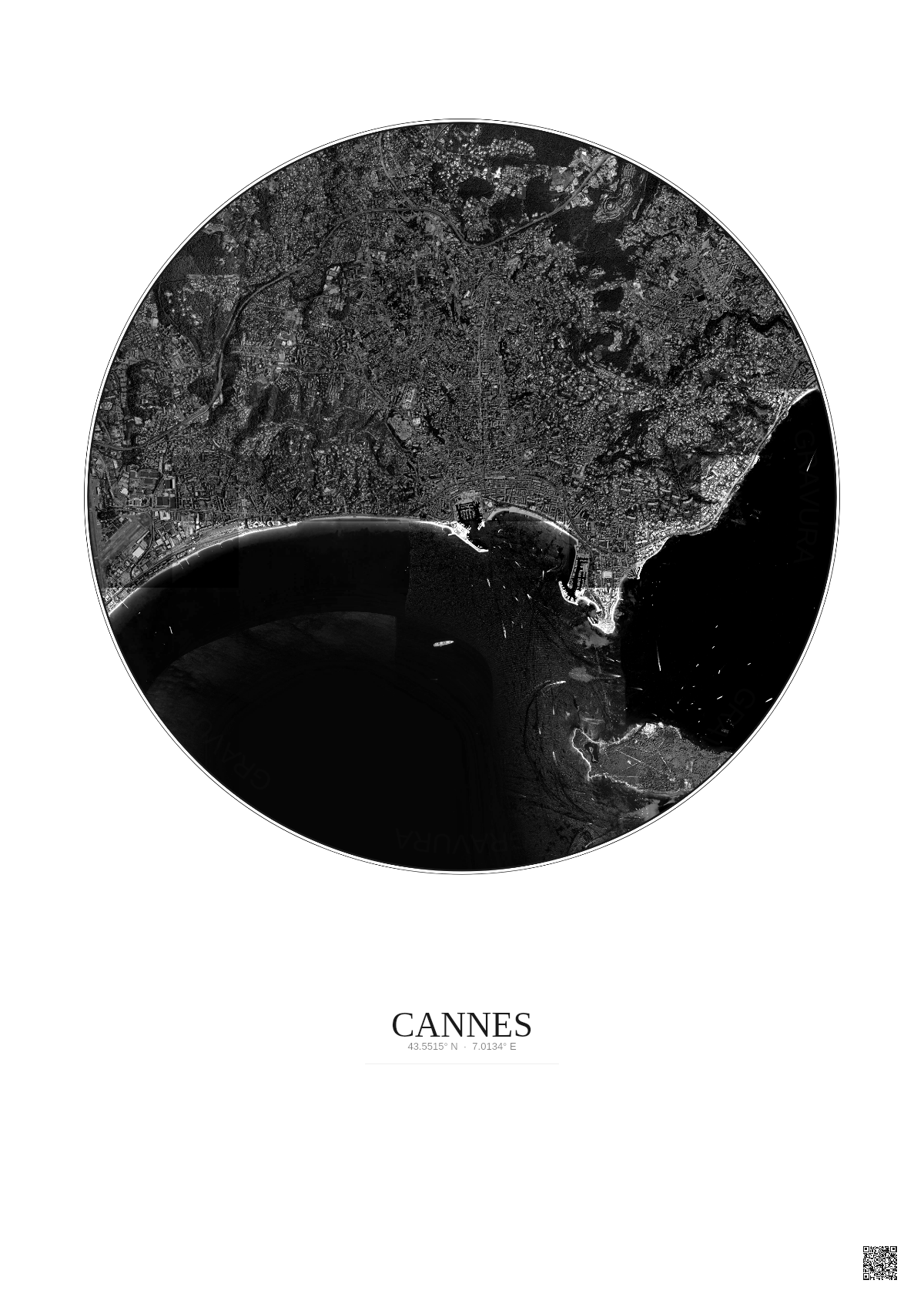 Affiche Cannes – Poster vue satellite 5km N&B | Gravura – Fond clair