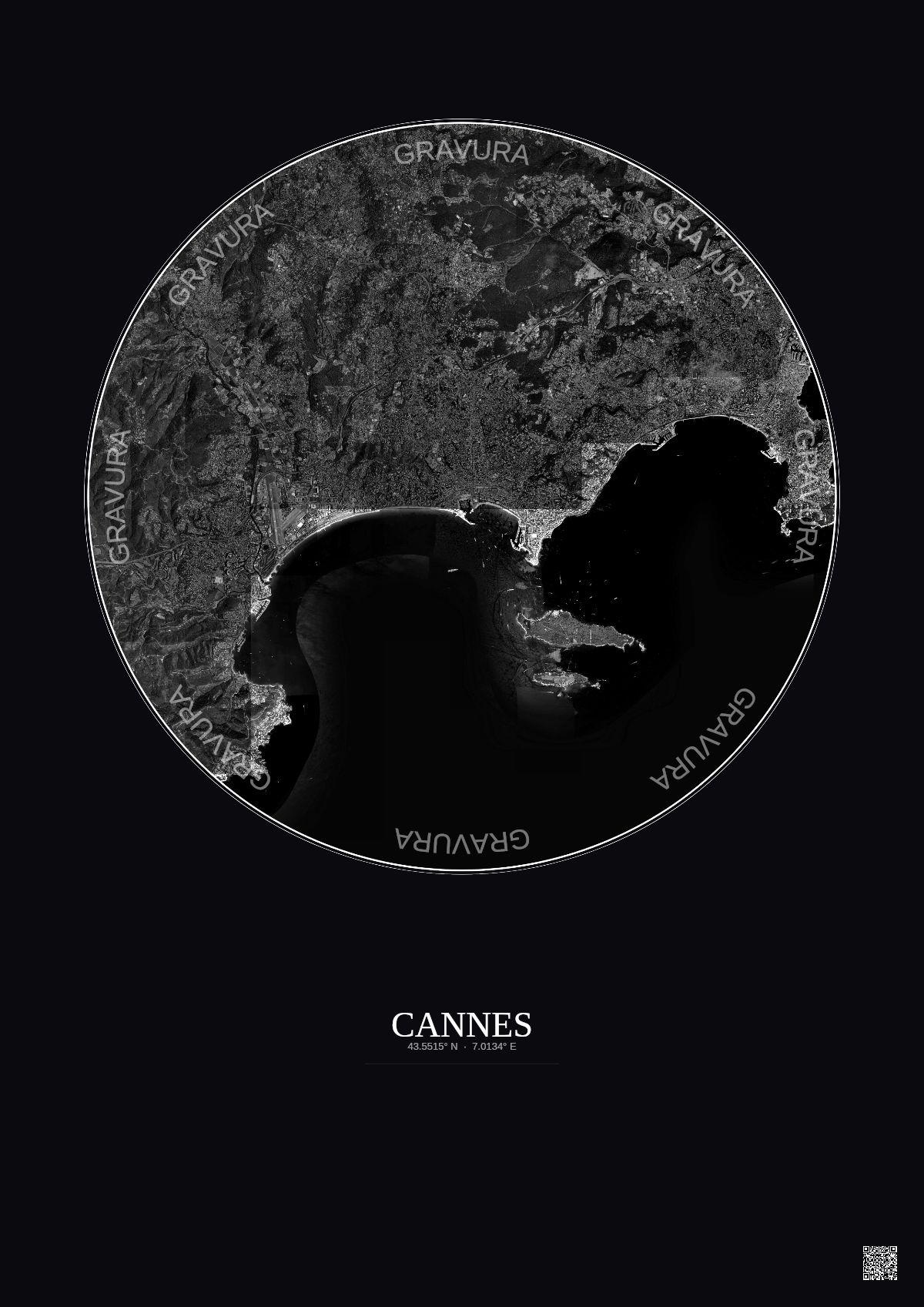 Affiche Cannes – Poster vue satellite 10km N&B | Gravura – Fond foncé