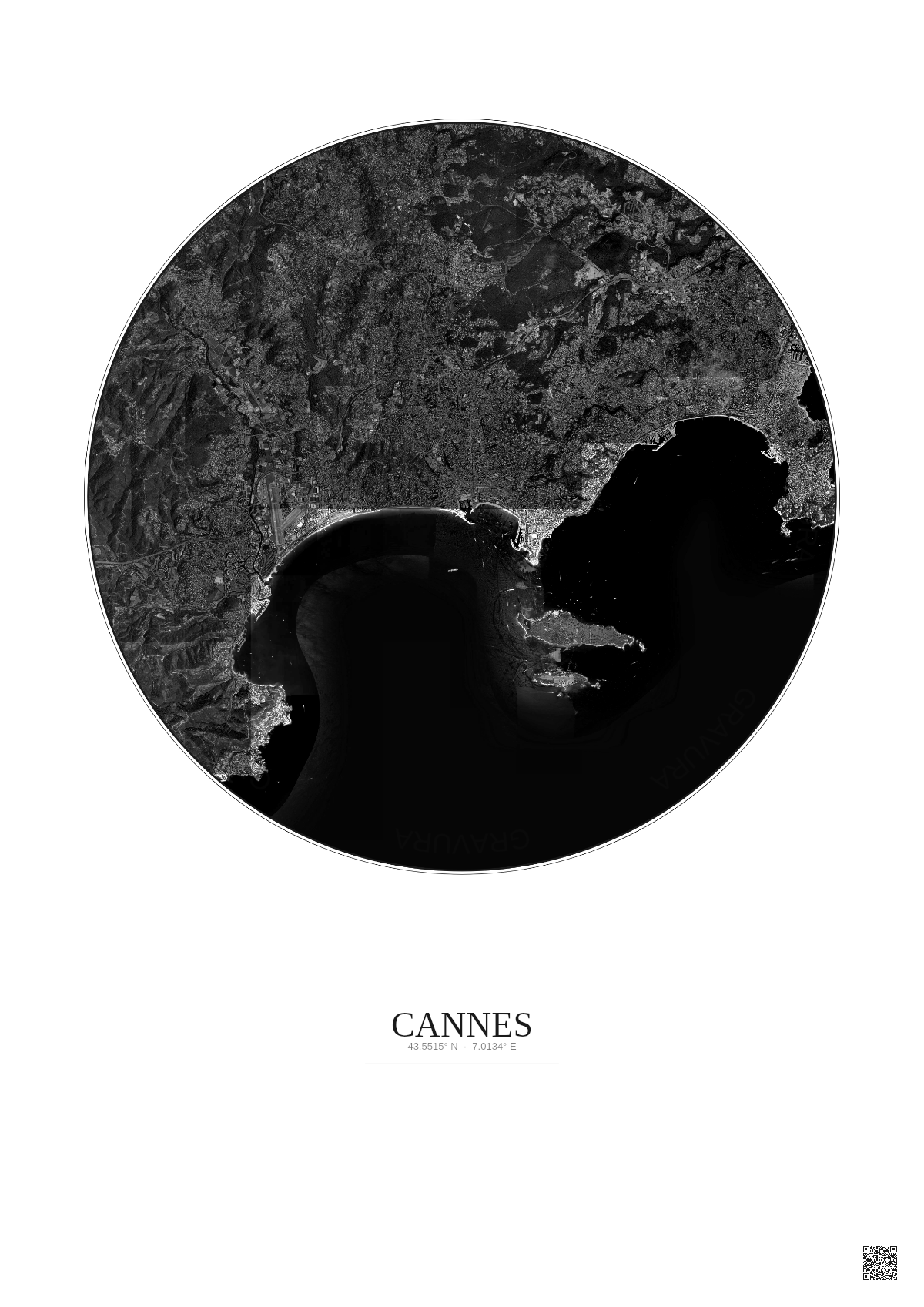Affiche Cannes – Poster vue satellite 10km N&B | Gravura – Fond clair