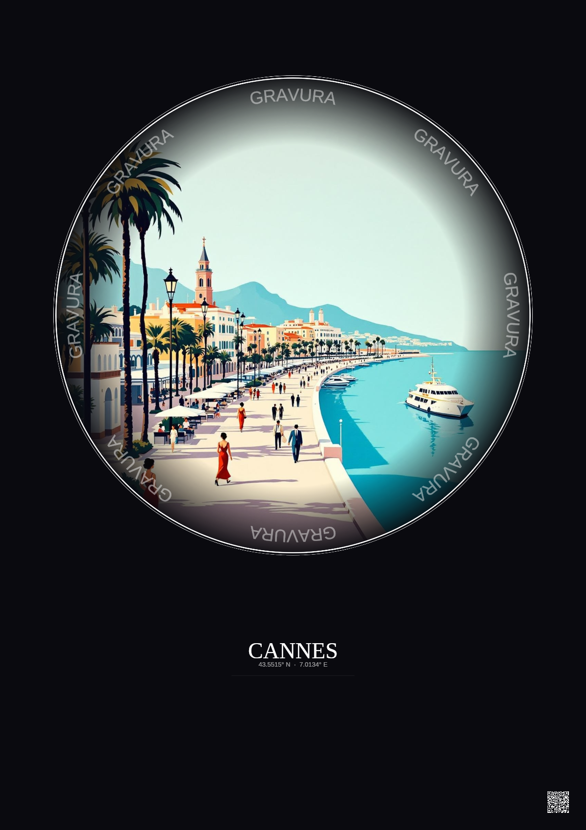 Affiche Cannes – Poster illustration vintage – Promenade De La Croisette | Gravura – Fond foncé