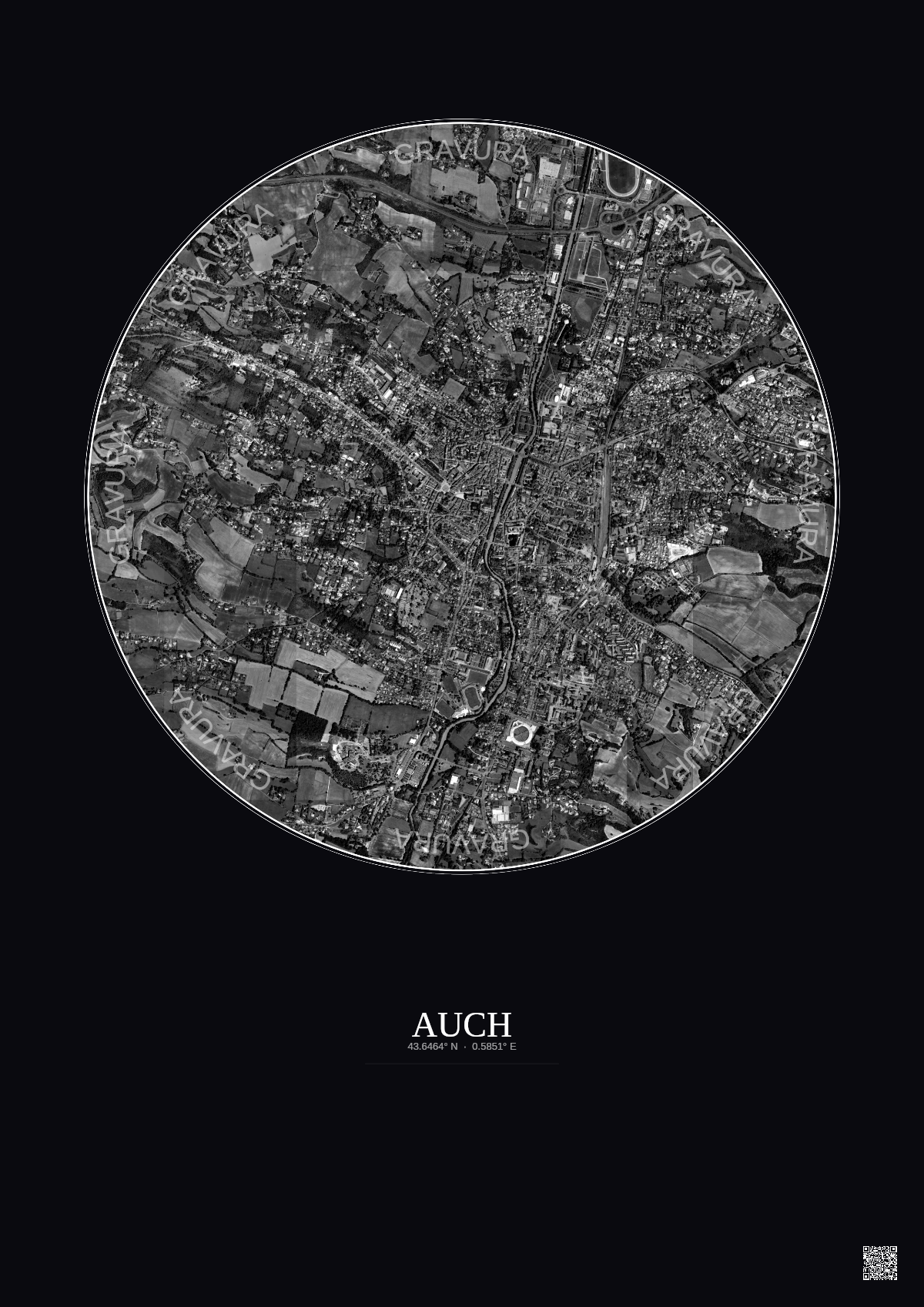 Affiche Auch – Poster vue satellite 2.5km N&B | Gravura – Fond foncé