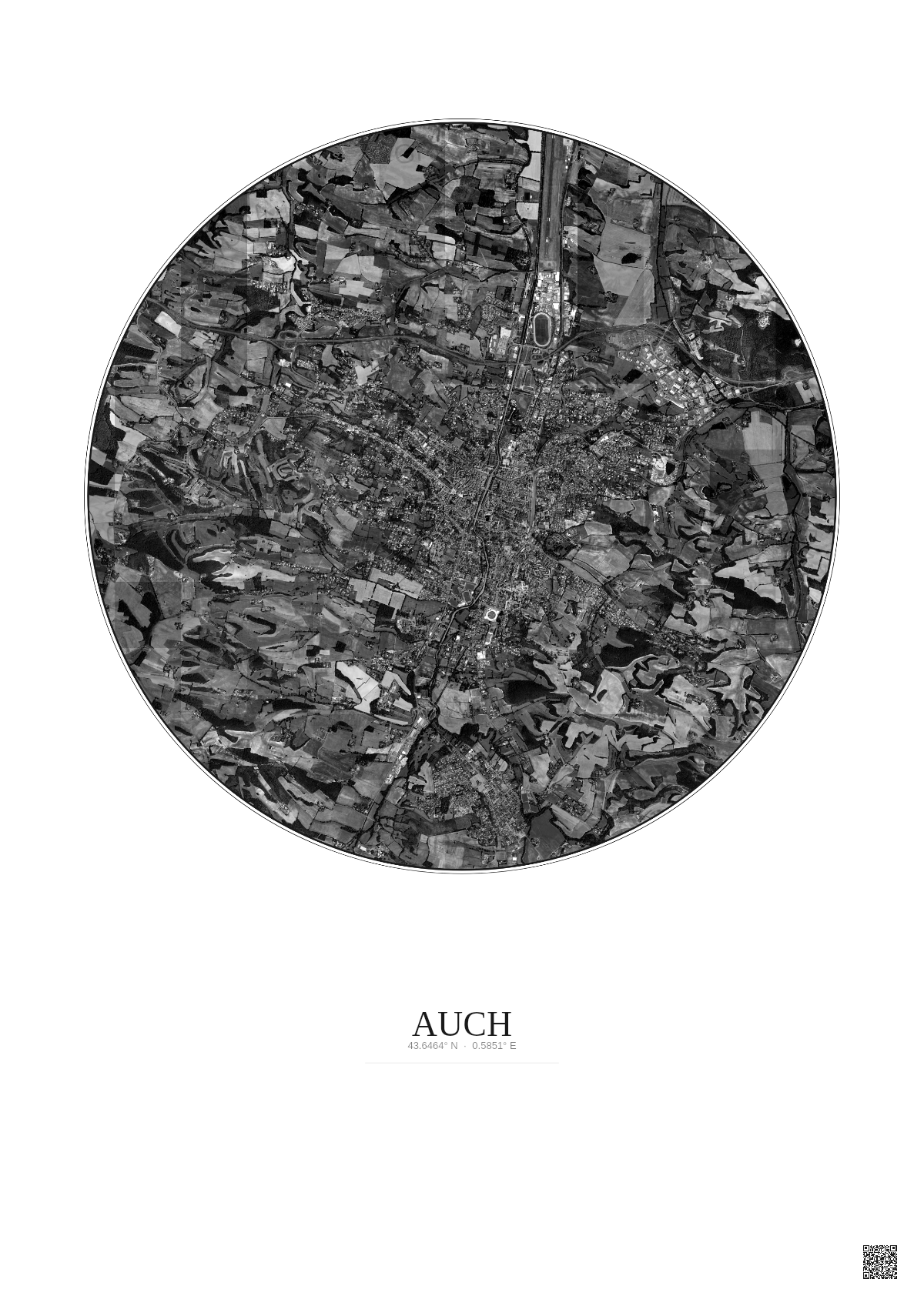 Affiche Auch – Poster vue satellite 5km N&B | Gravura – Fond clair