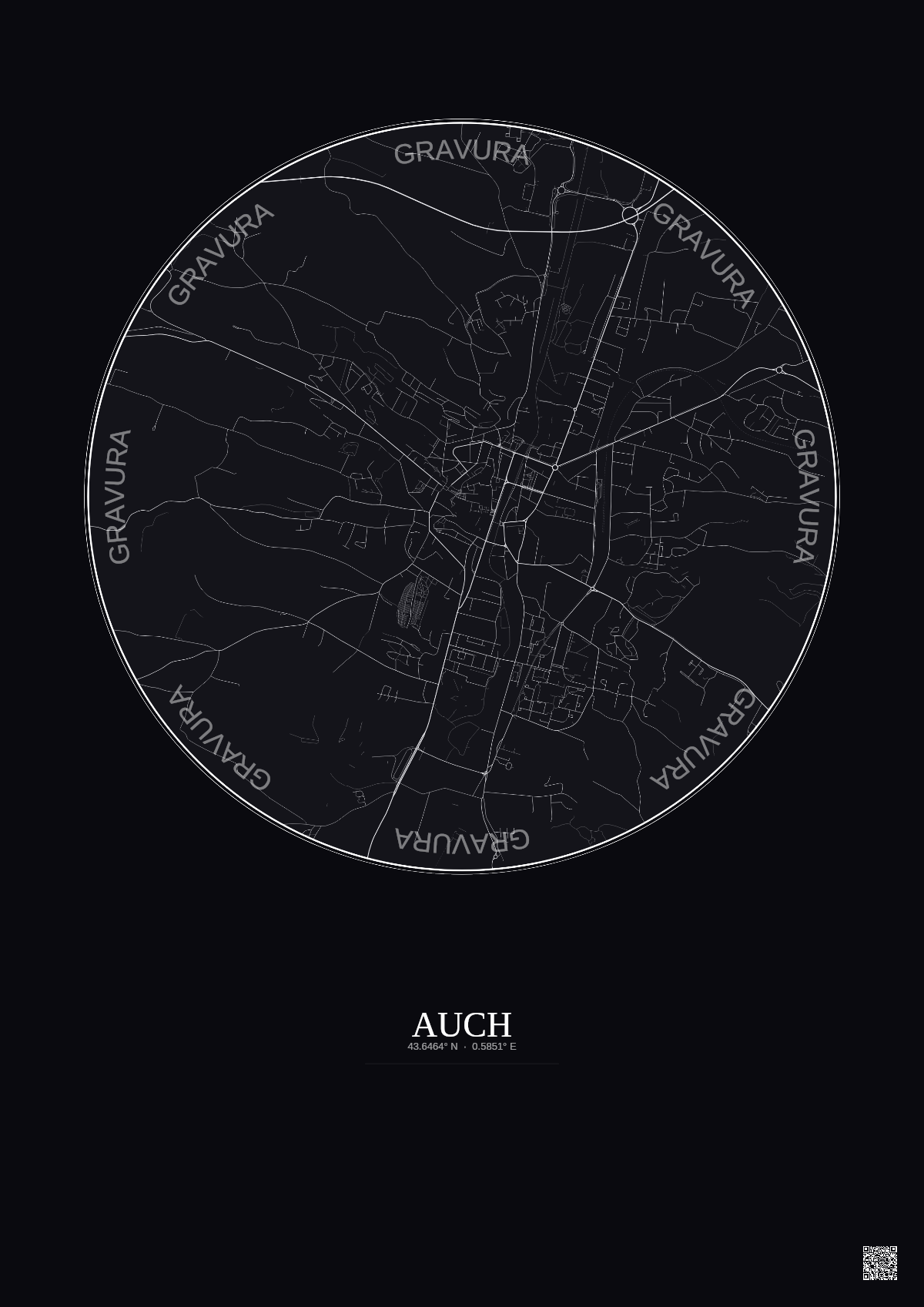 Affiche Auch – Poster carte de ville 2.5km | Gravura – Fond foncé