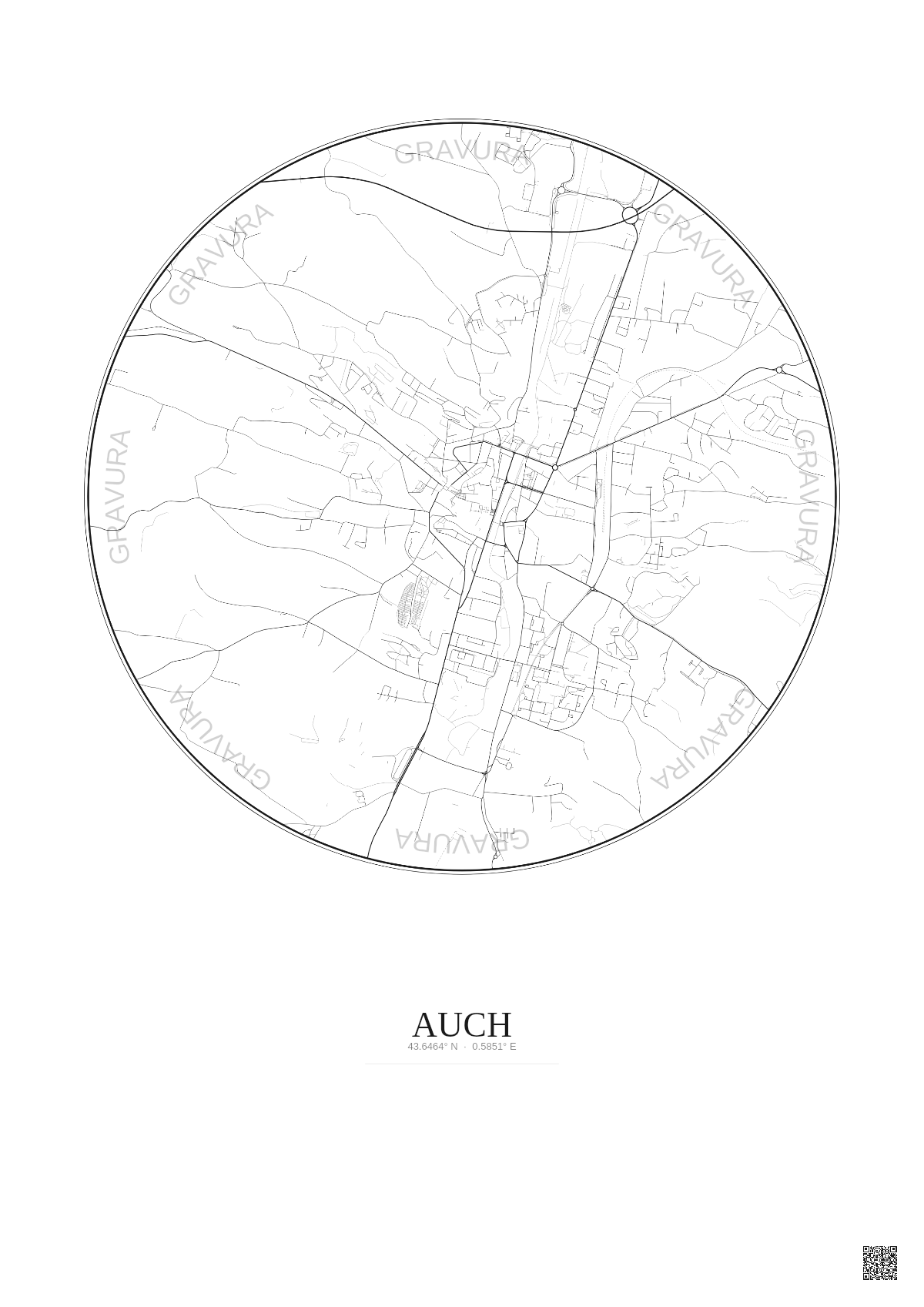 Affiche Auch – Poster carte de ville 2.5km | Gravura – Fond clair