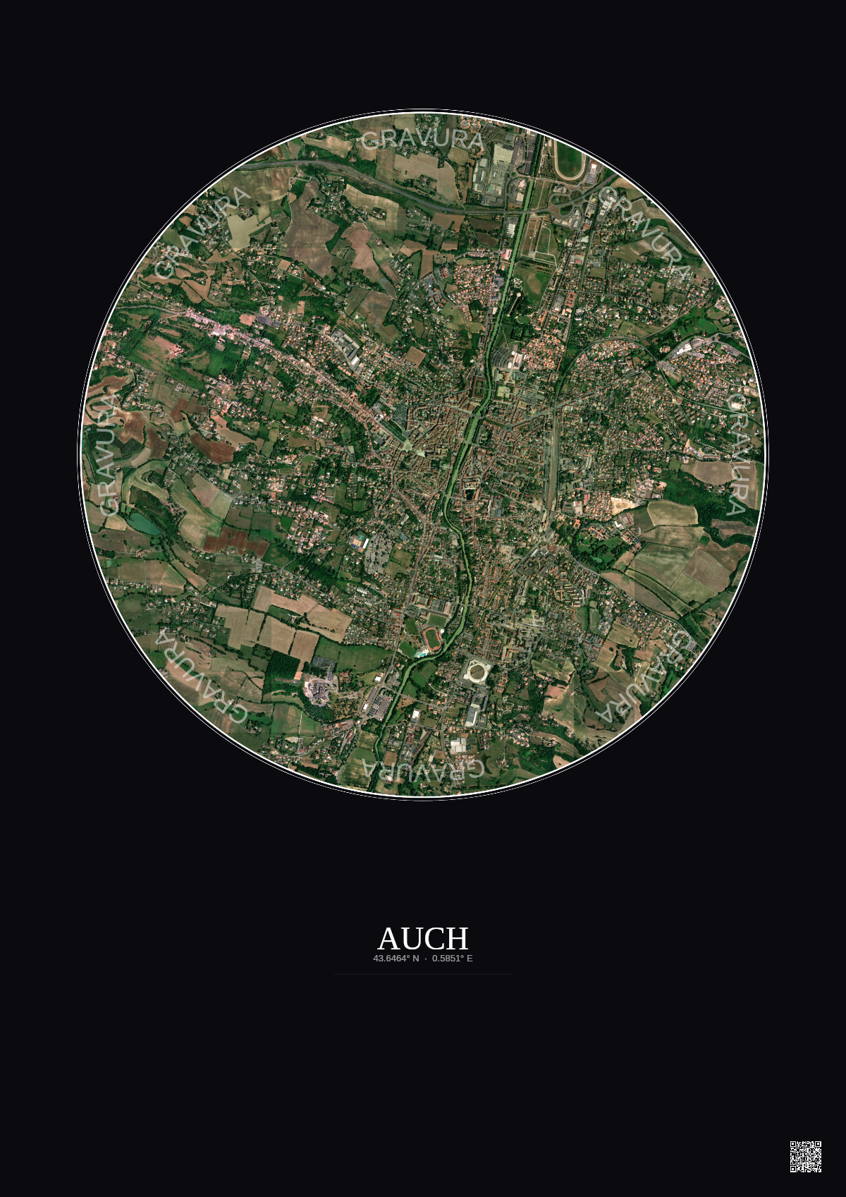 Affiche Auch – Poster vue satellite 2.5km Couleur | Gravura – Fond foncé
