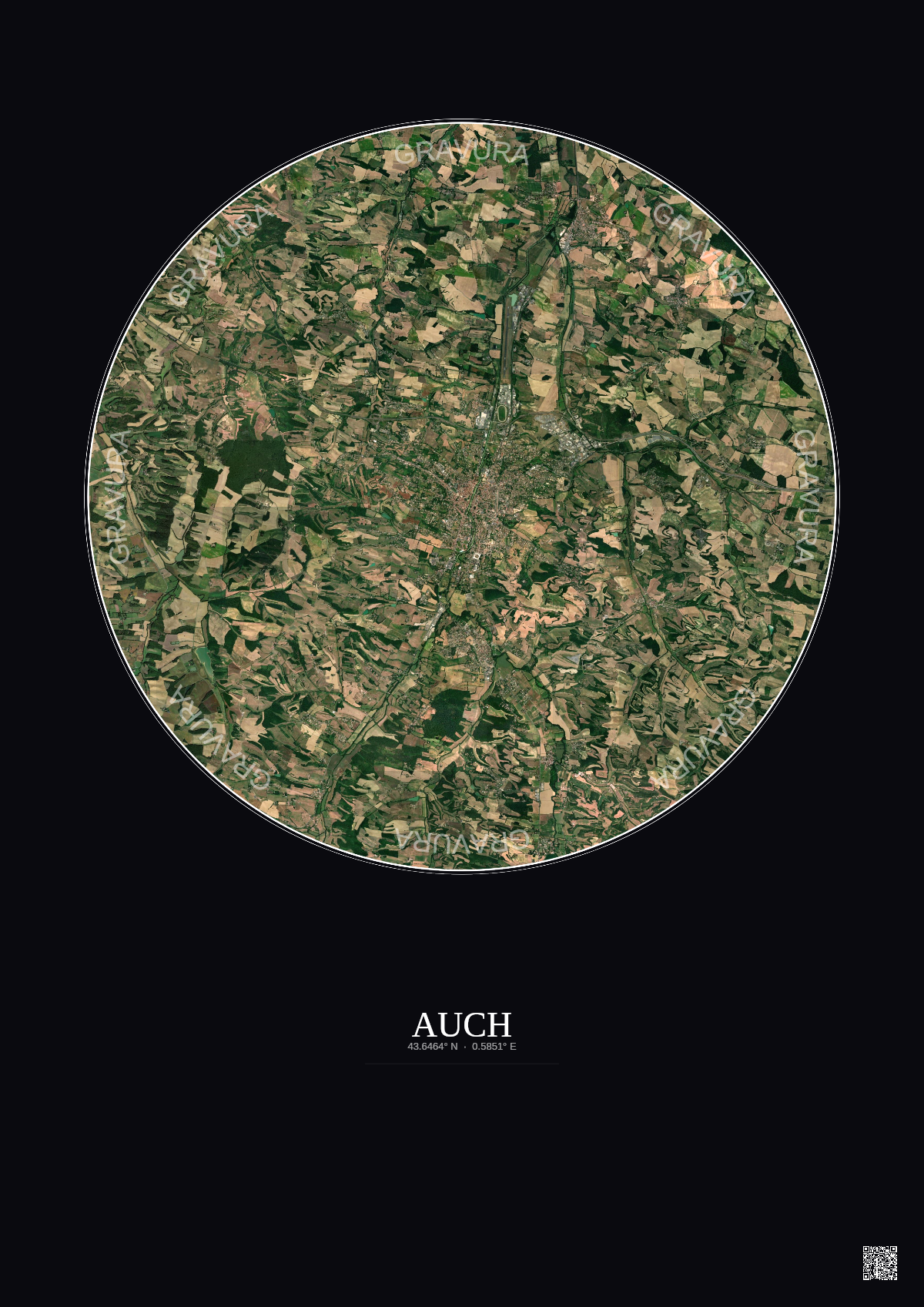 Affiche Auch – Poster vue satellite 10km Couleur | Gravura – Fond foncé