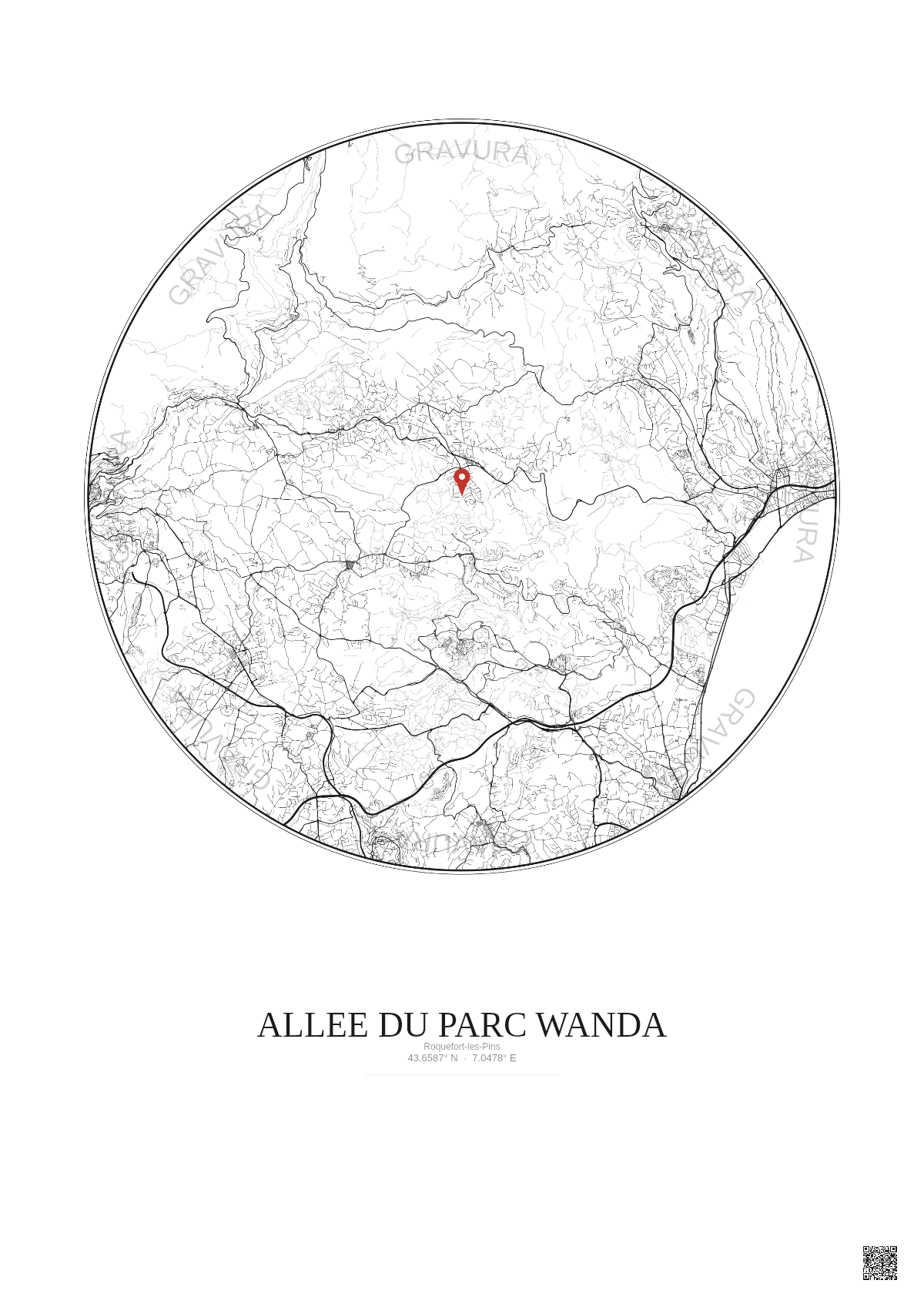 Affiche Roquefort Les Pins – Poster carte de ville 10km | Gravura – Fond clair