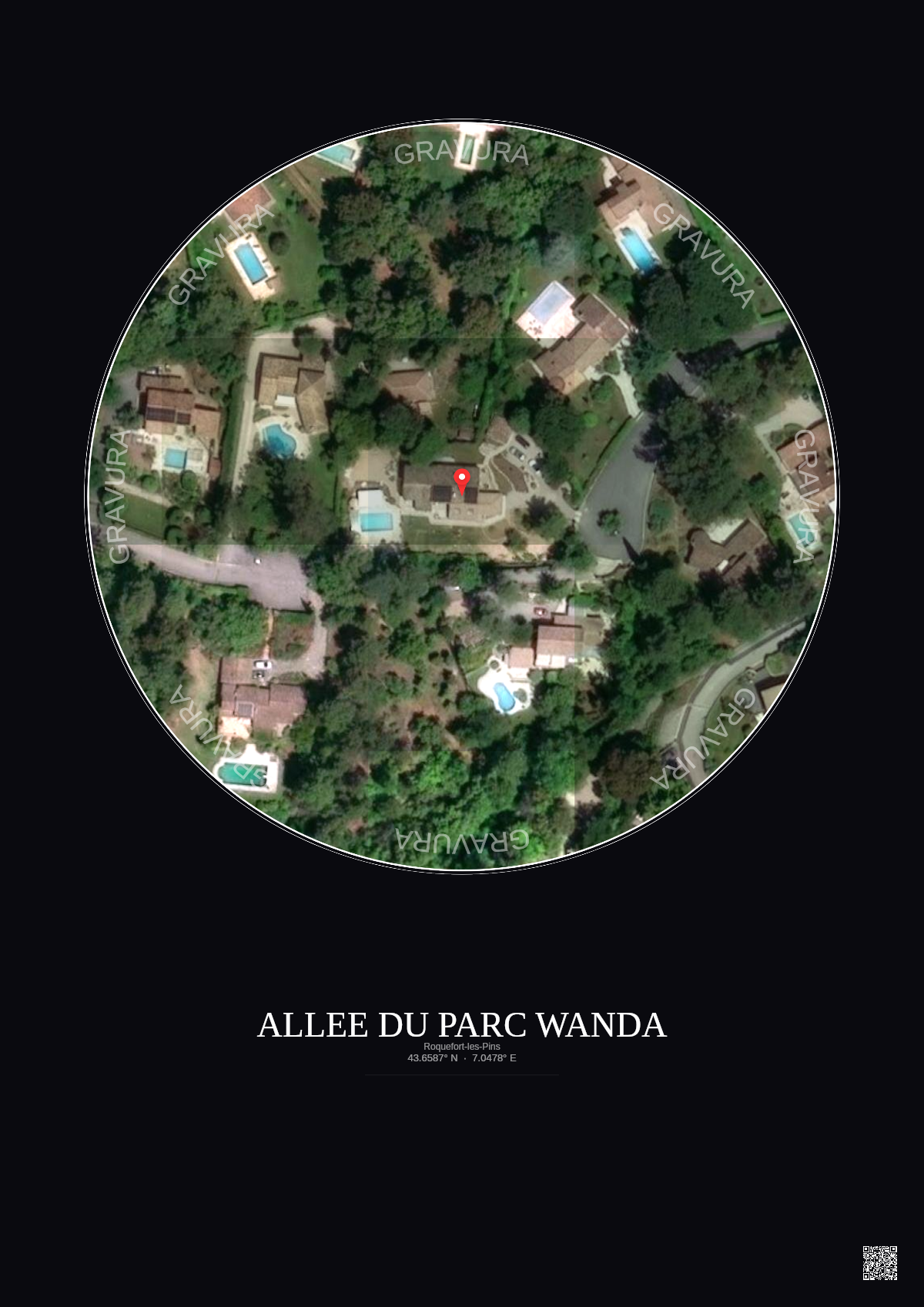 Affiche Roquefort Les Pins – Poster vue satellite 0.1km Couleur | Gravura – Fond foncé