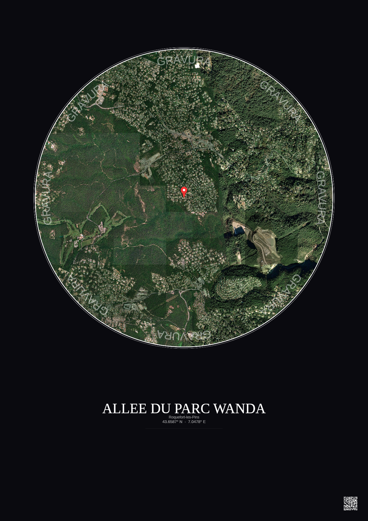 Affiche Roquefort Les Pins – Poster vue satellite 2.5km Couleur | Gravura – Fond foncé