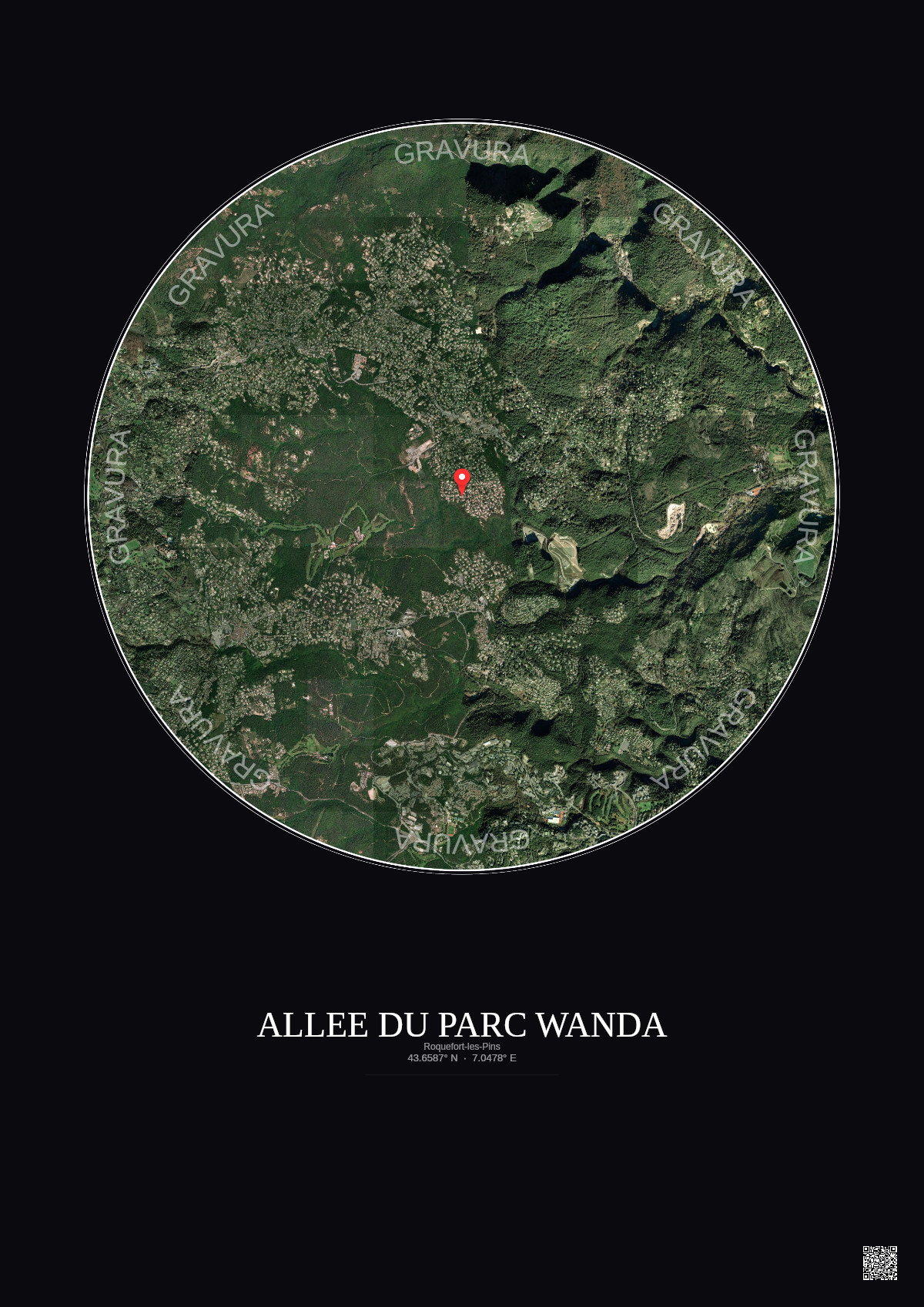 Affiche Roquefort Les Pins – Poster vue satellite 5km Couleur | Gravura – Fond foncé