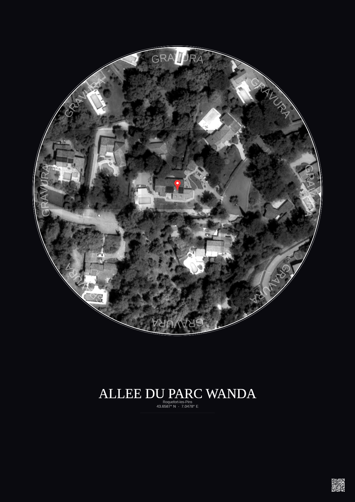 Affiche Roquefort Les Pins – Poster vue satellite 0.1km N&B | Gravura – Fond foncé